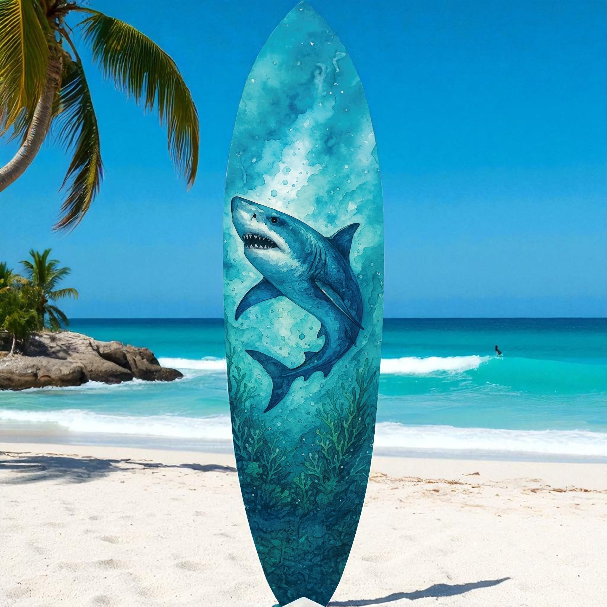 Watercolor Shark Surfboard Wall Art | Coastal PVC Beach House Ocean Decor