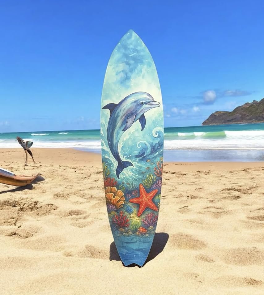 Dolphin Surfboard Decorative Beach House Wall Decor, Ocean Animal Wall Sign