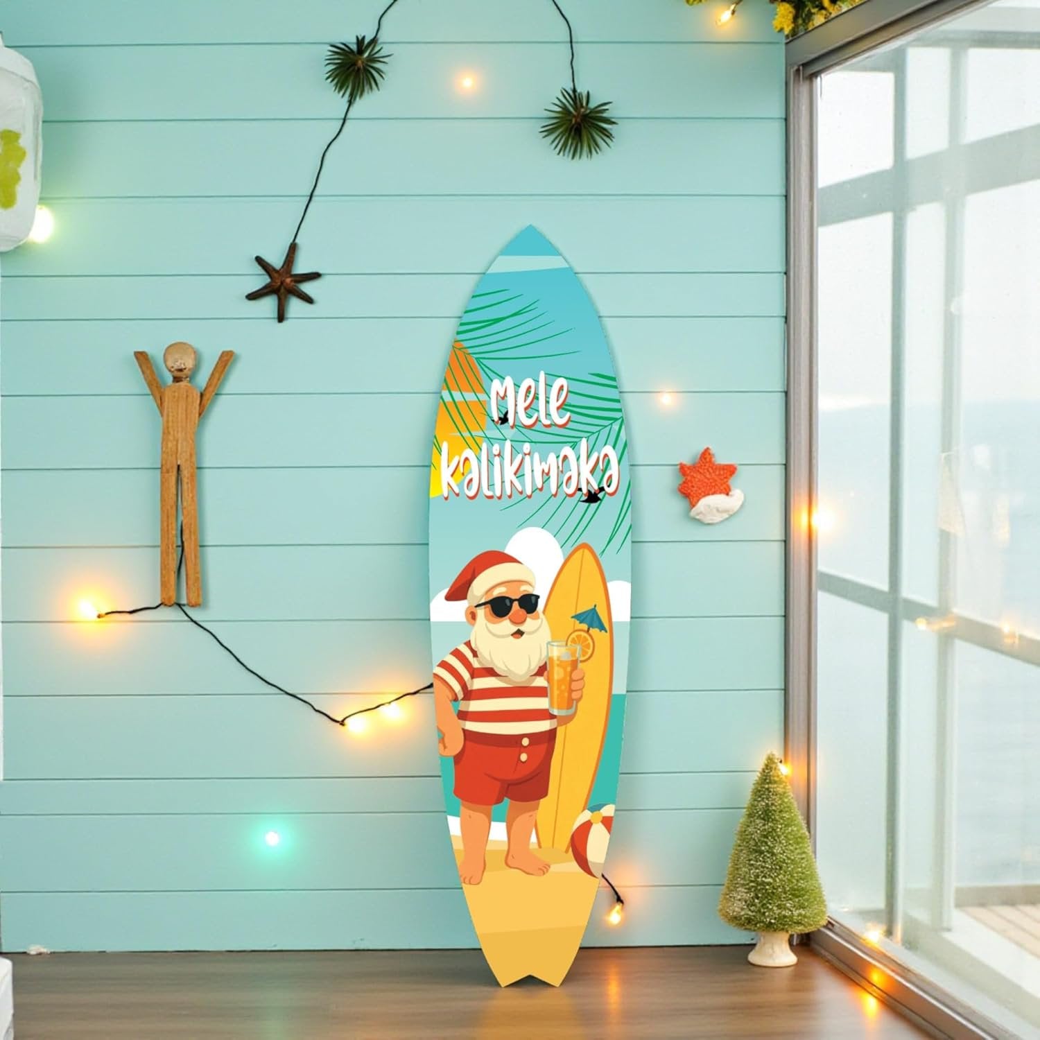 Mele Kalikimaka Christmas Surfboard Wall Art - Weather-Resistant PVC, Tropical Holiday Decor (4 Foot)