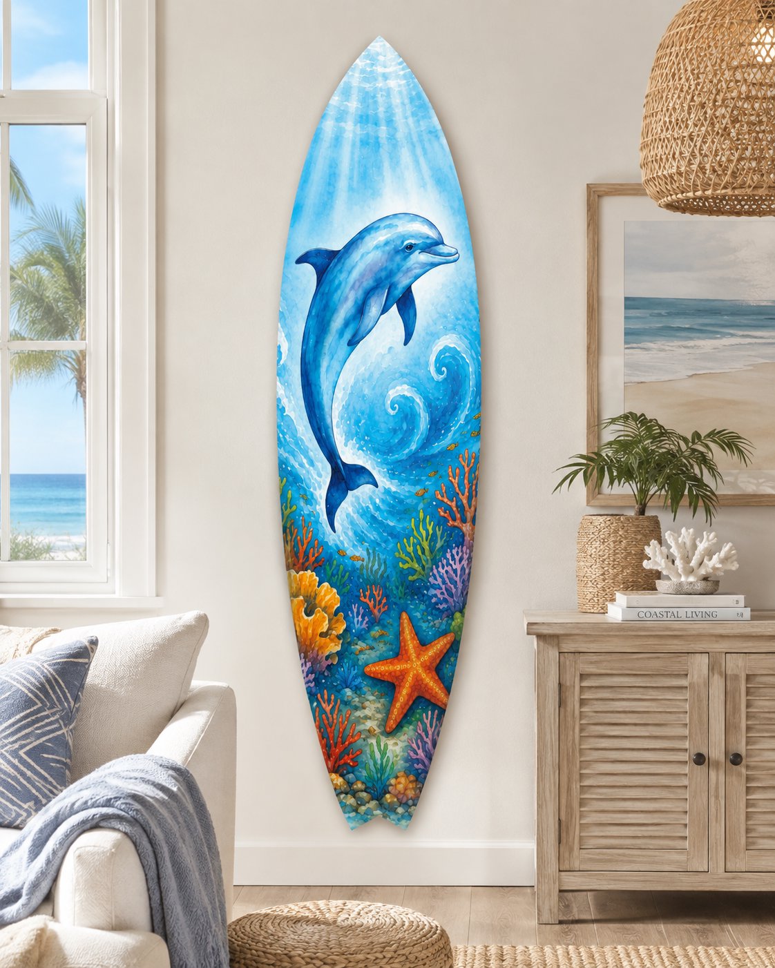 Dolphin Surfboard Decorative Beach House Wall Decor, Ocean Animal Wall Sign