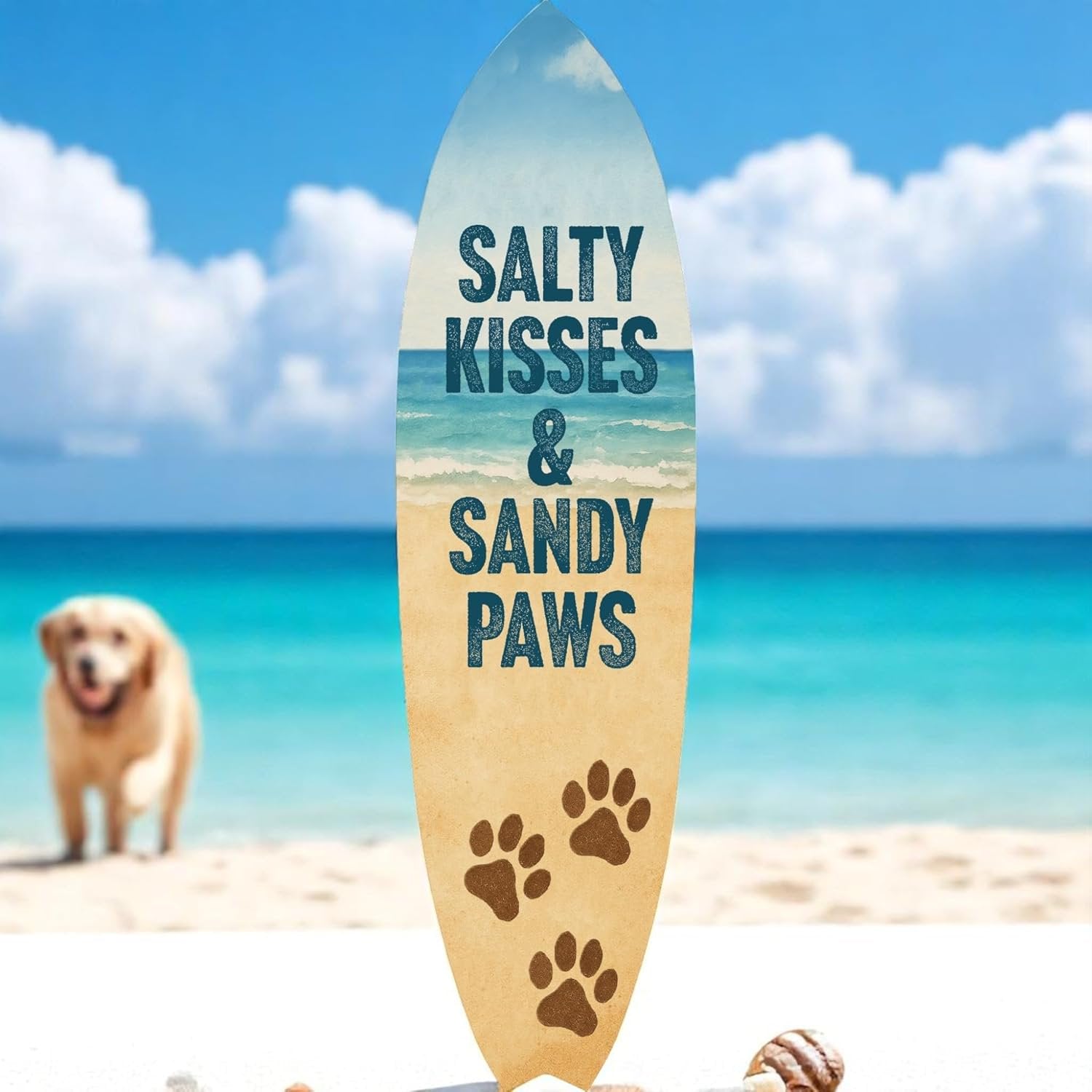 Dog Surfboard Wall Decor, Salty Kisses Sandy Paws, Coastal Beach House Sign for Porch, Pool, Patio, Indoor Outdoor