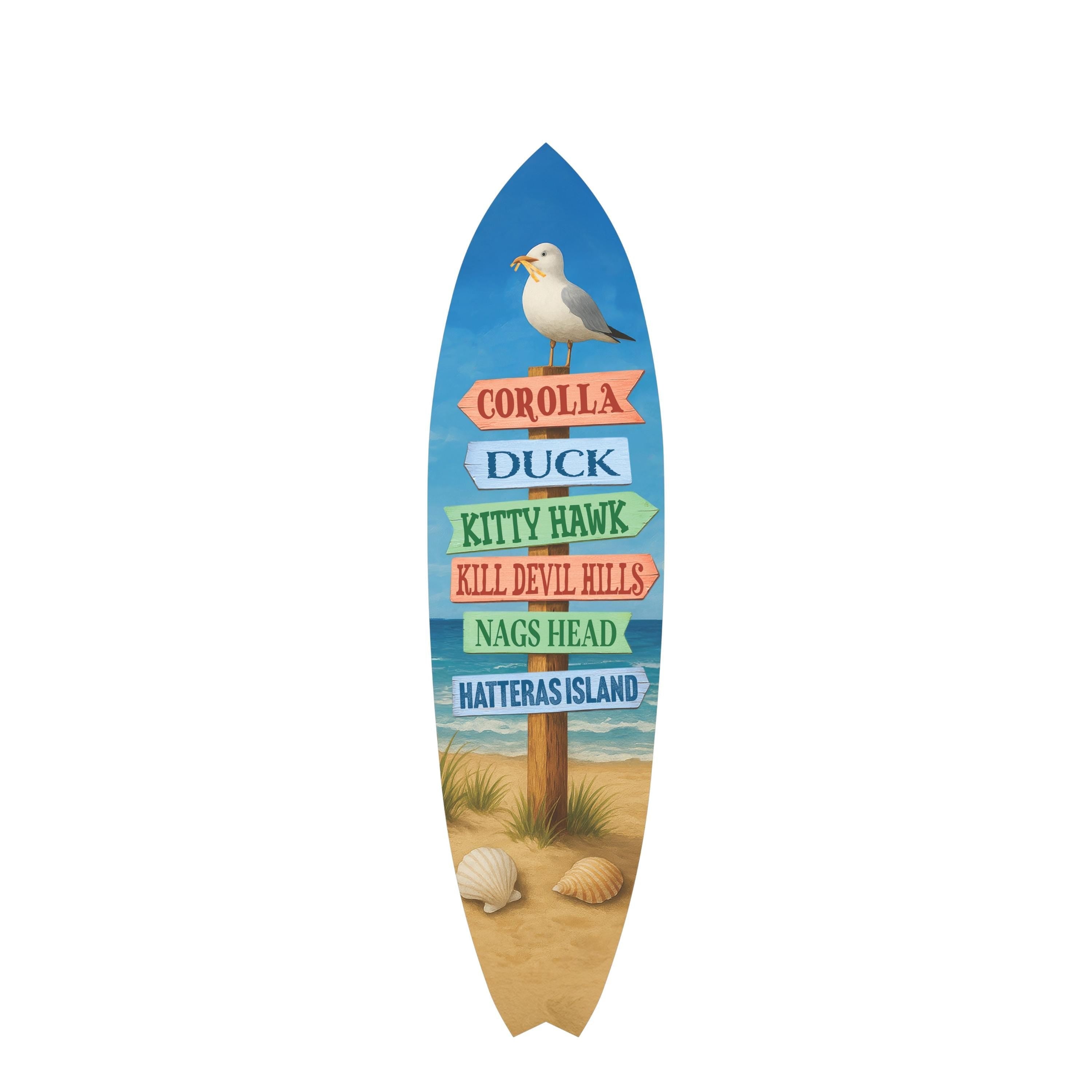 Outer Banks Surfboard Wall Art, Directional Beach Towns Sign, Weather-Resistant PVC Coastal Decor