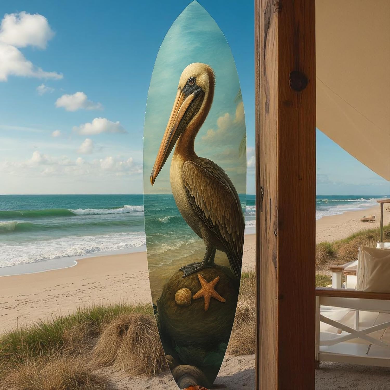 Pelican Surfboard Wall Art, Coastal Bird Decor, Beach House Sign