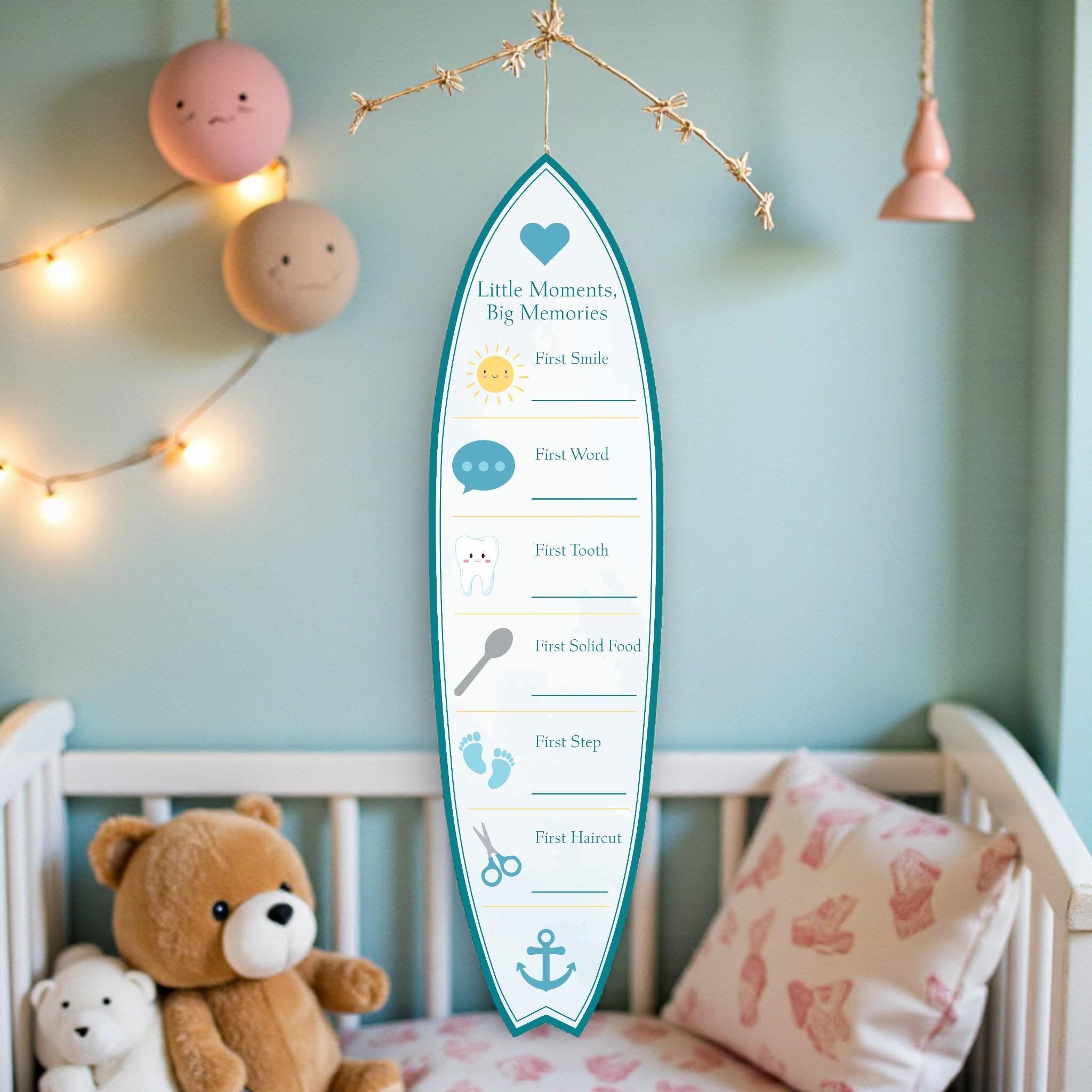 Baby Milestone Surfboard, Baby Firsts Keepsake Board, Nursery Wall Decor, Coastal Baby Milestones Sign, Baby Shower Gift