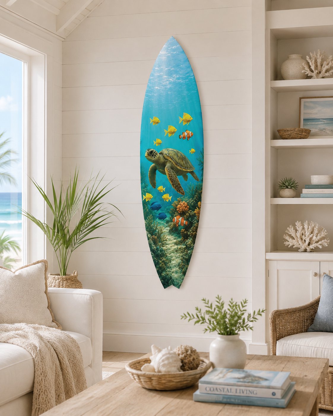 Outdoor Decorative Surfboard Wall Art - Sea Turtle Decor Ocean-Themed, Beach House Sign, Weather Resistant PVC