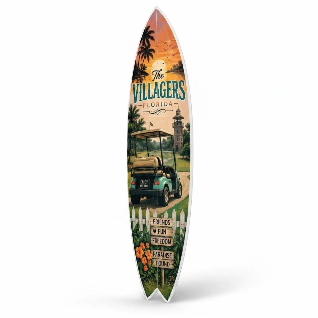 The Villages Florida Surfboard Wall Art Sign – Coastal Home Décor Gift