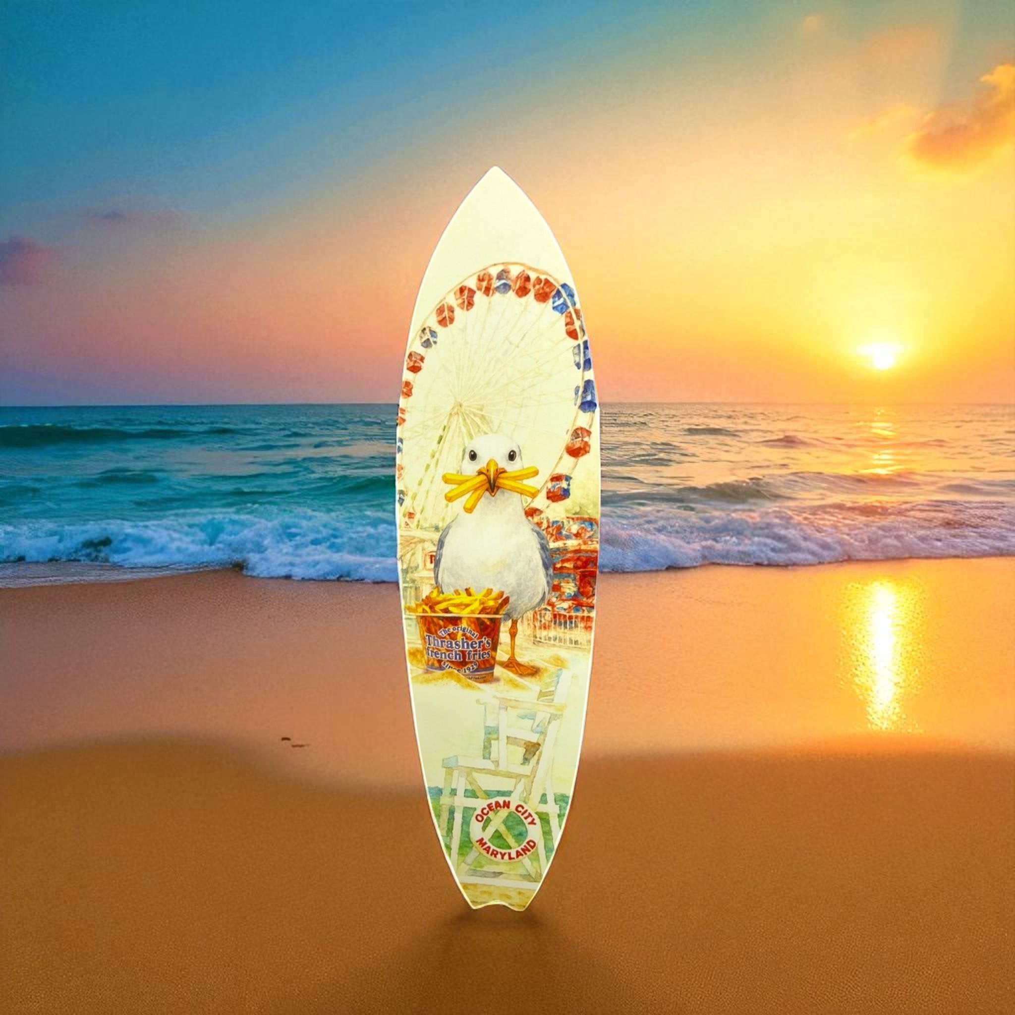 Ocean City Surfboard Wall Art: Seagull & Fries - Coastal Beach House Decor