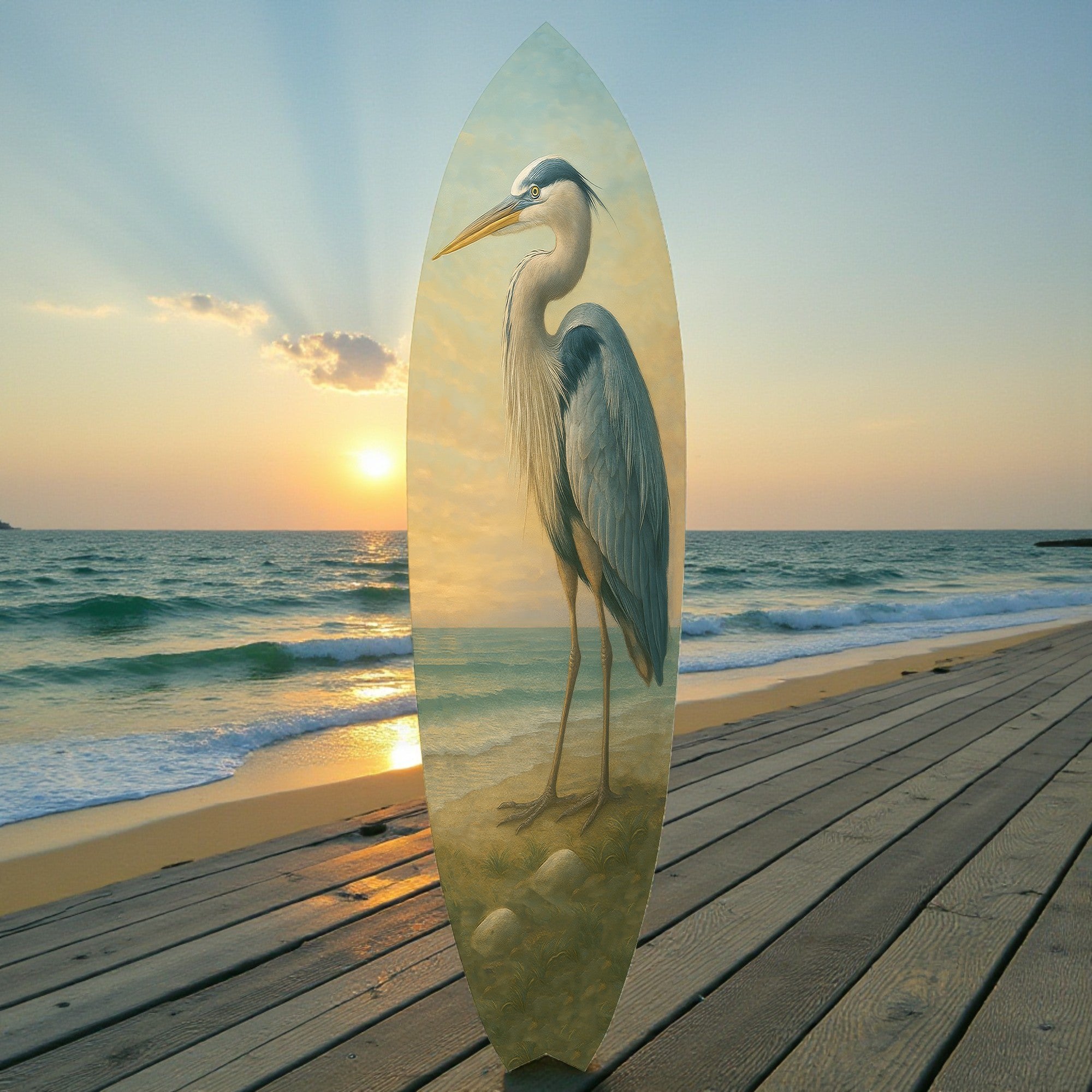 Egret Surfboard Wall Art, Coastal Bird Decor, PVC Beach House Sign, 1-5 FT