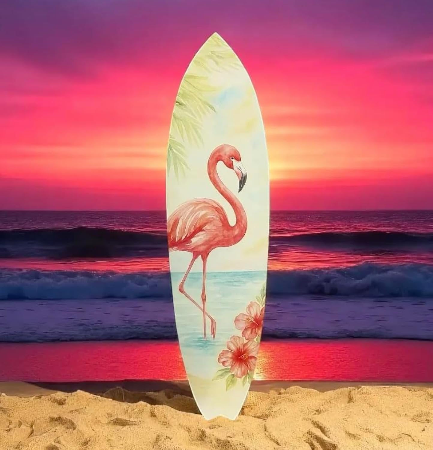 JennyGems Flamingo Surfboard Wall Art – Tropical PVC Beach House Decor, Coastal Flamingo Sign for Porch or Patio, Outdoor Weatherproof Wall Art