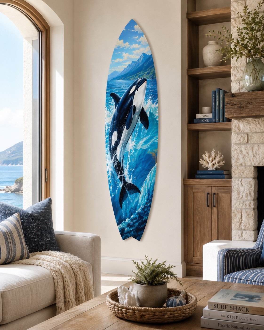 Orca Whale Surfboard Wall Art, Coastal Ocean Decor for Beach and Surf Spaces