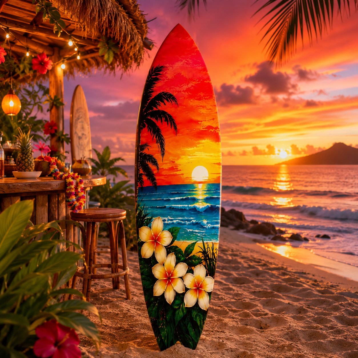 Tropical Surfboard with Palm Trees and Plumeria Flowers