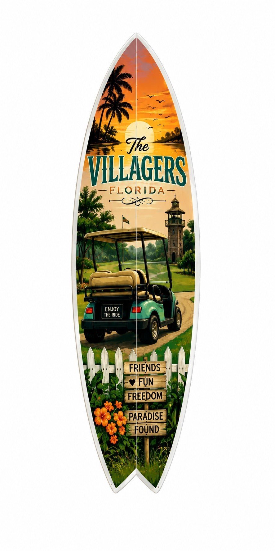 The Villages Florida Surfboard Wall Art Sign – Coastal Home Décor Gift