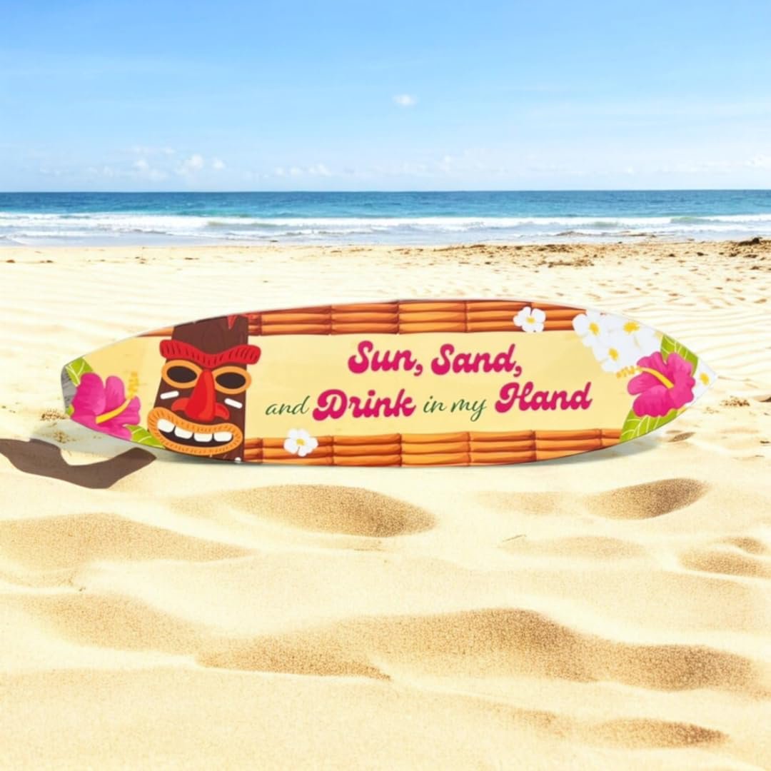 JennyGems Outdoor Tropical Surfboard and Tiki Bar Sign, Sun Sand Drink in Hand, Weather Resistant