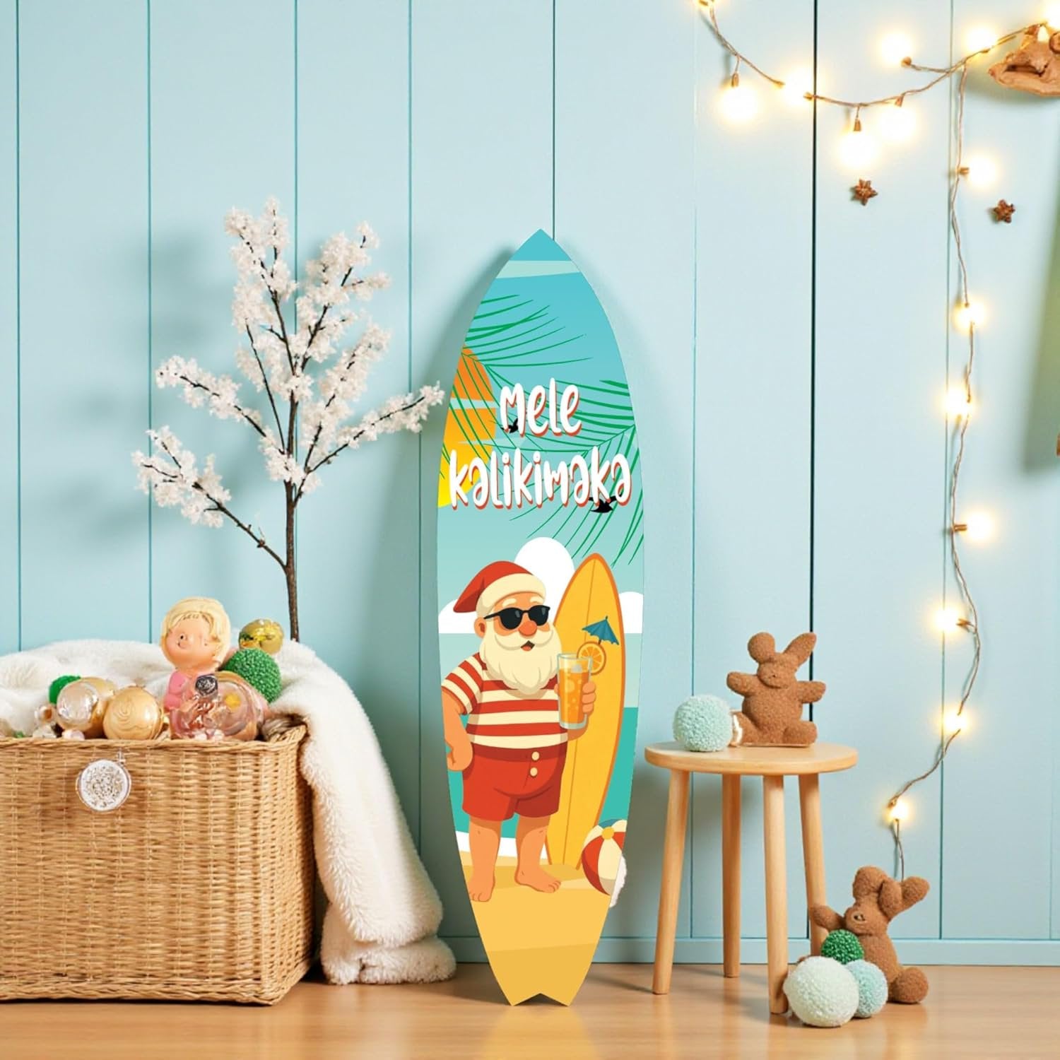 Mele Kalikimaka Christmas Surfboard Wall Art - Weather-Resistant PVC, Tropical Holiday Decor (4 Foot)