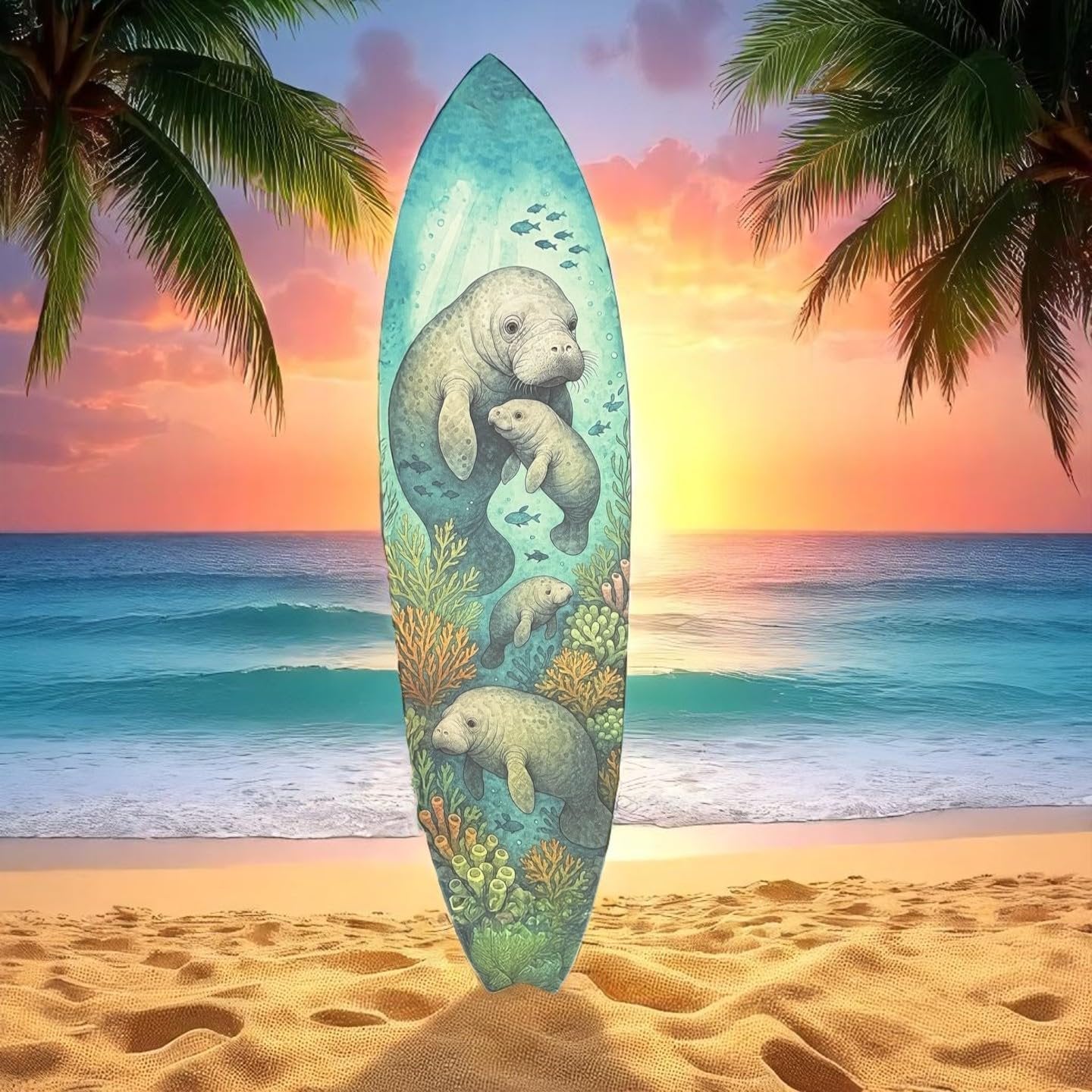 Manatee Surfboard Wall Art – Coastal PVC Beach Decor, Under the Sea Ocean Theme Sign, Weatherproof Outdoor Surfboard with Manatees & Coral