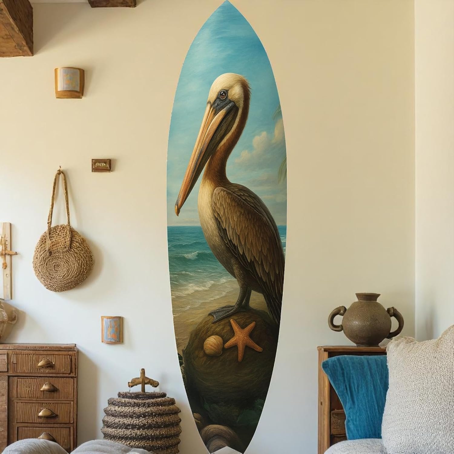Pelican Surfboard Wall Art, Coastal Bird Decor, Beach House Sign