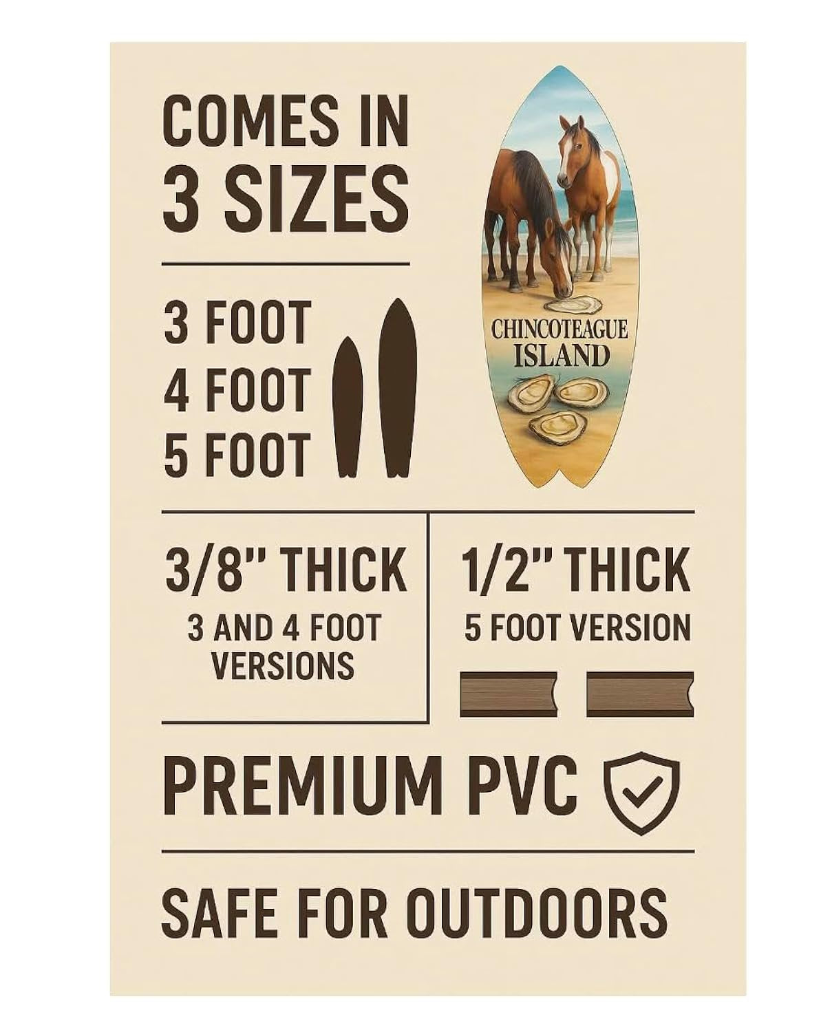 Outdoor Chincoteague Island Virginia Decorative Surfboard Sign, Wild Horses and Oysters Design, Indoor Outside PVC Wall Art (3 Foot)