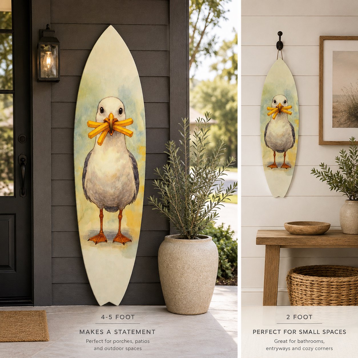 Sully the Seagull Surfboard Wall Art Eating French Fries | Funny Coastal Beach Decor
