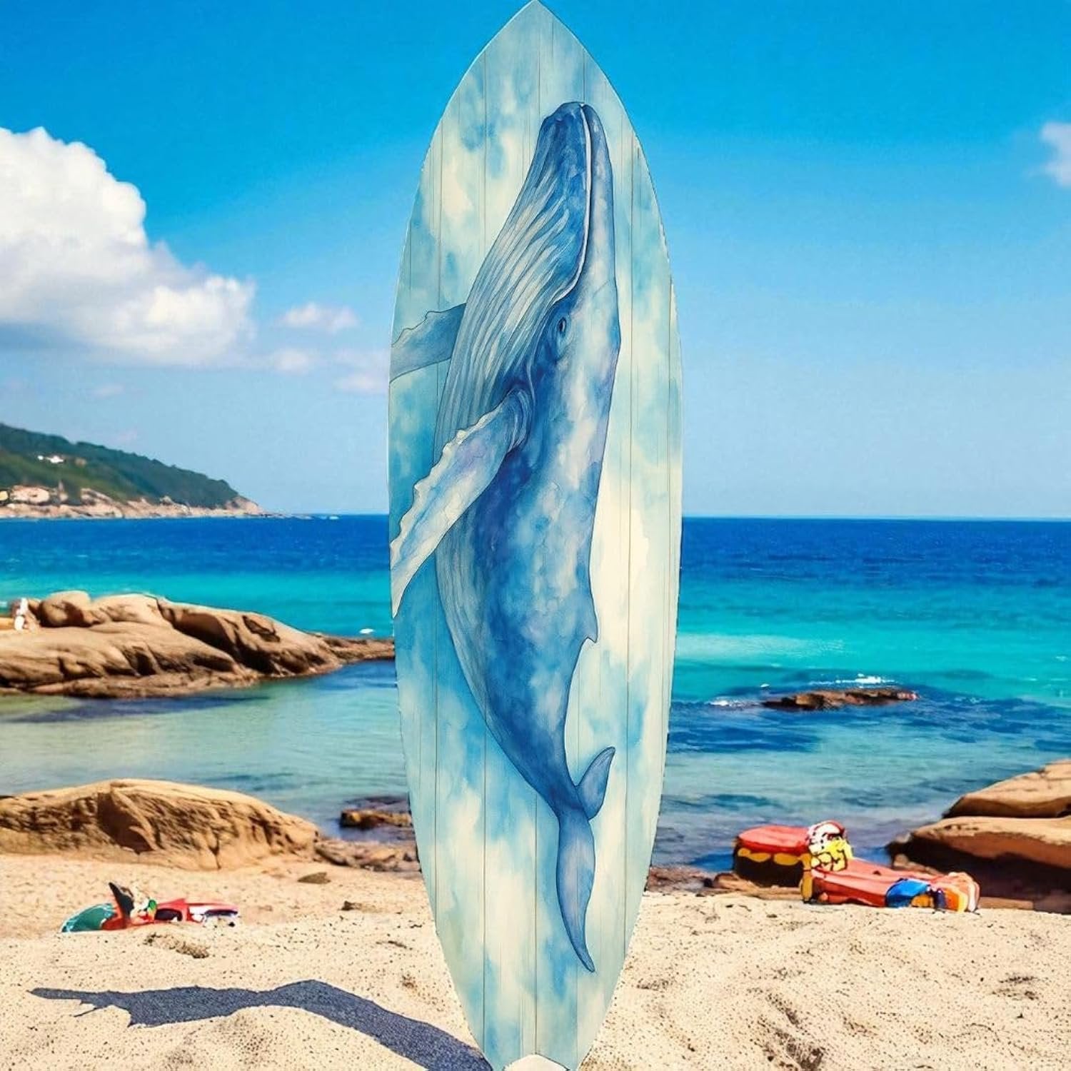 JennyGems Humpback Whale Surfboard Wall Art – Coastal Nautical Decor, Beach House Sign, Watercolor Whale Art, Indoor Outdoor PVC Surfboard Decoration