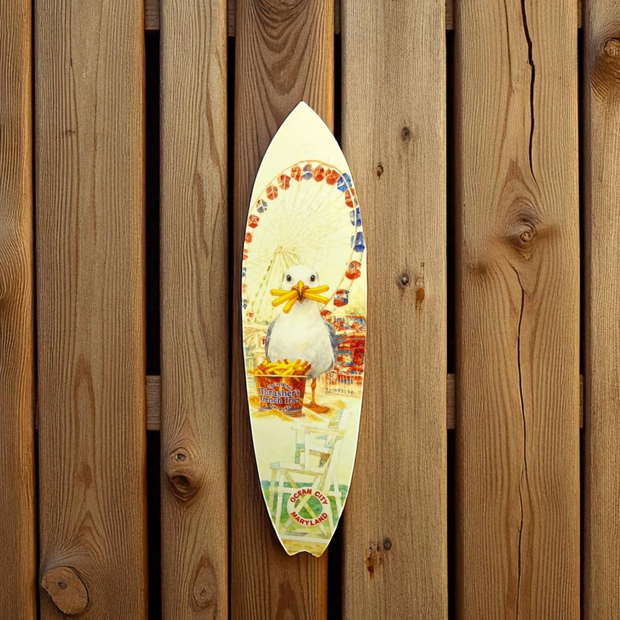 Ocean City Surfboard Wall Art: Seagull & Fries - Coastal Beach House Decor
