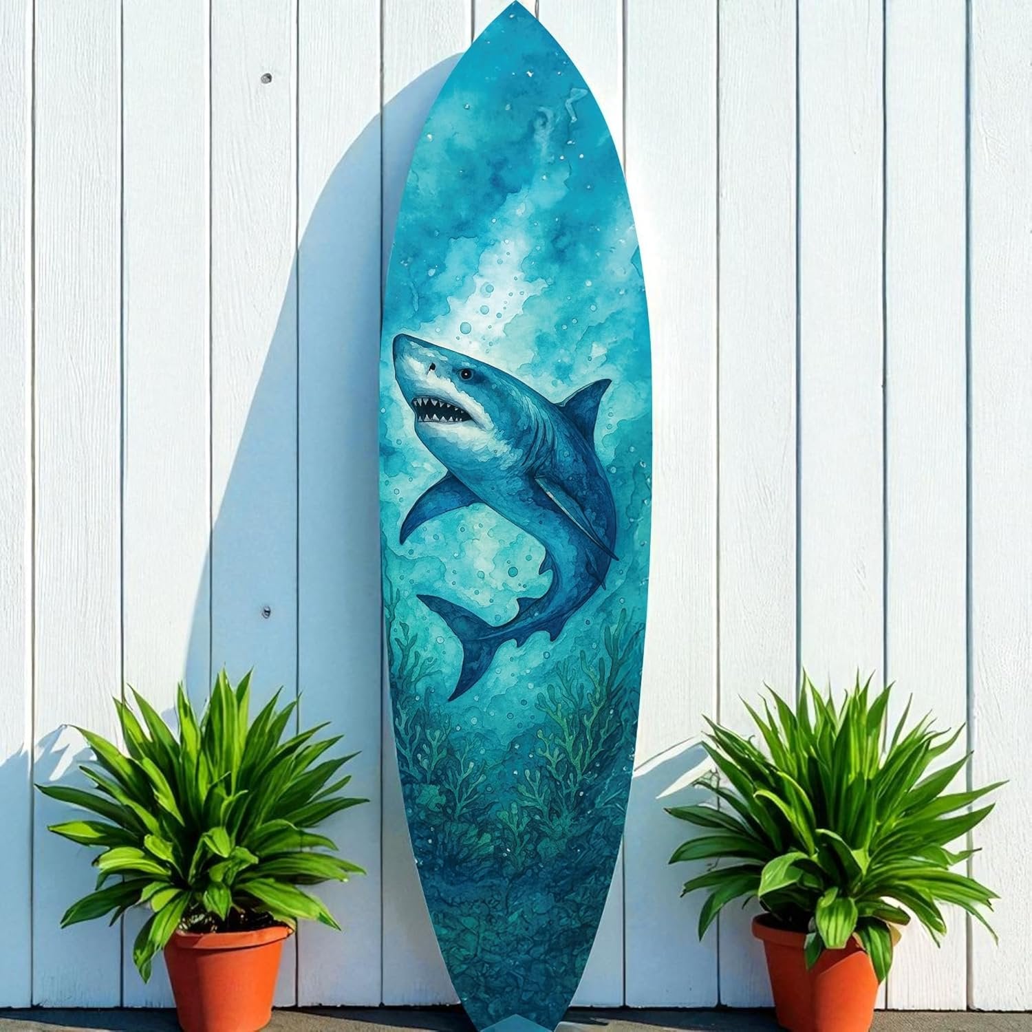 JennyGems Shark Surfboard Wall Art – Watercolor Ocean Decor, Indoor Outdoor PVC, Coastal Shark Beach House Decoration