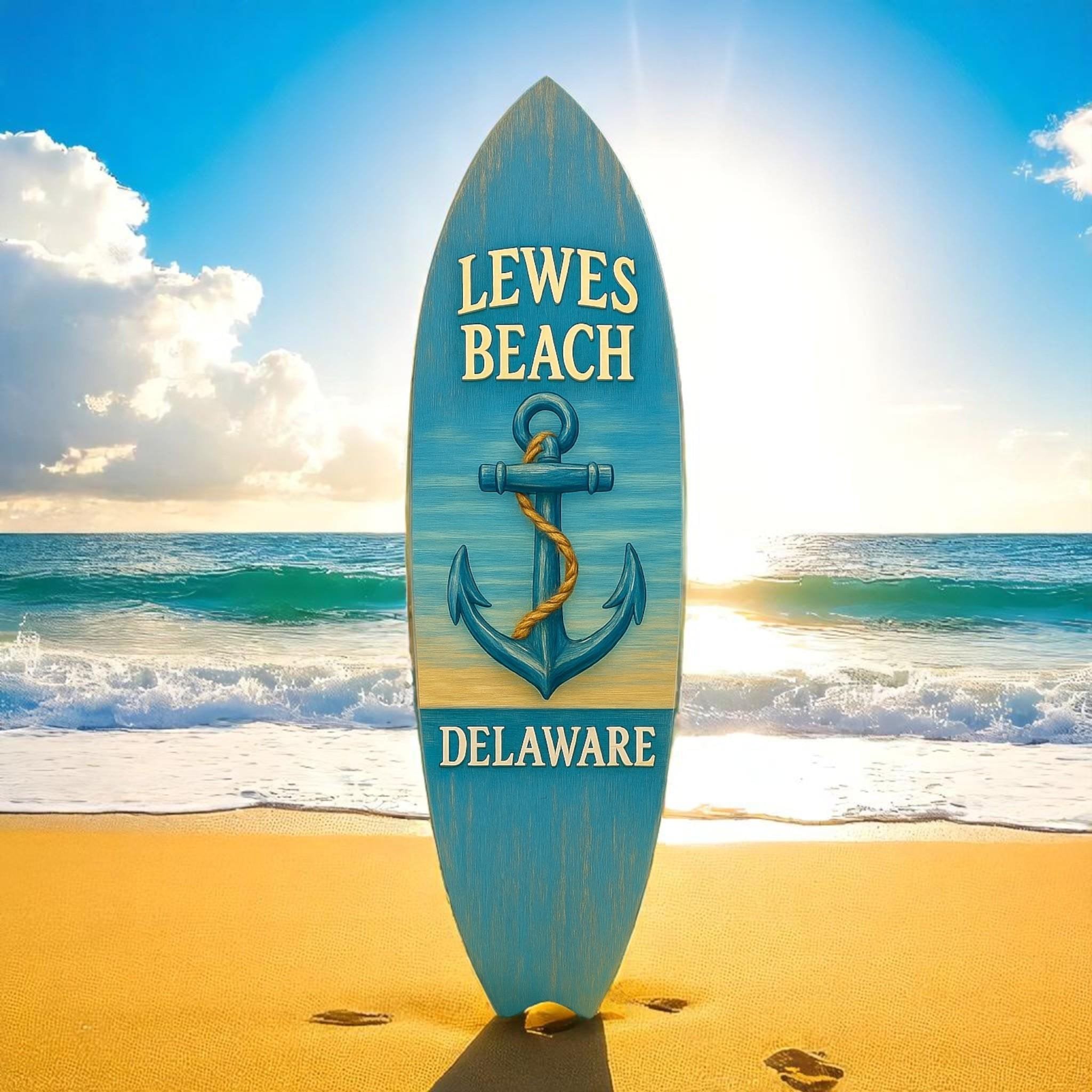 Lewes Beach Delaware Surfboard Sign: Coastal PVC Nautical Decor