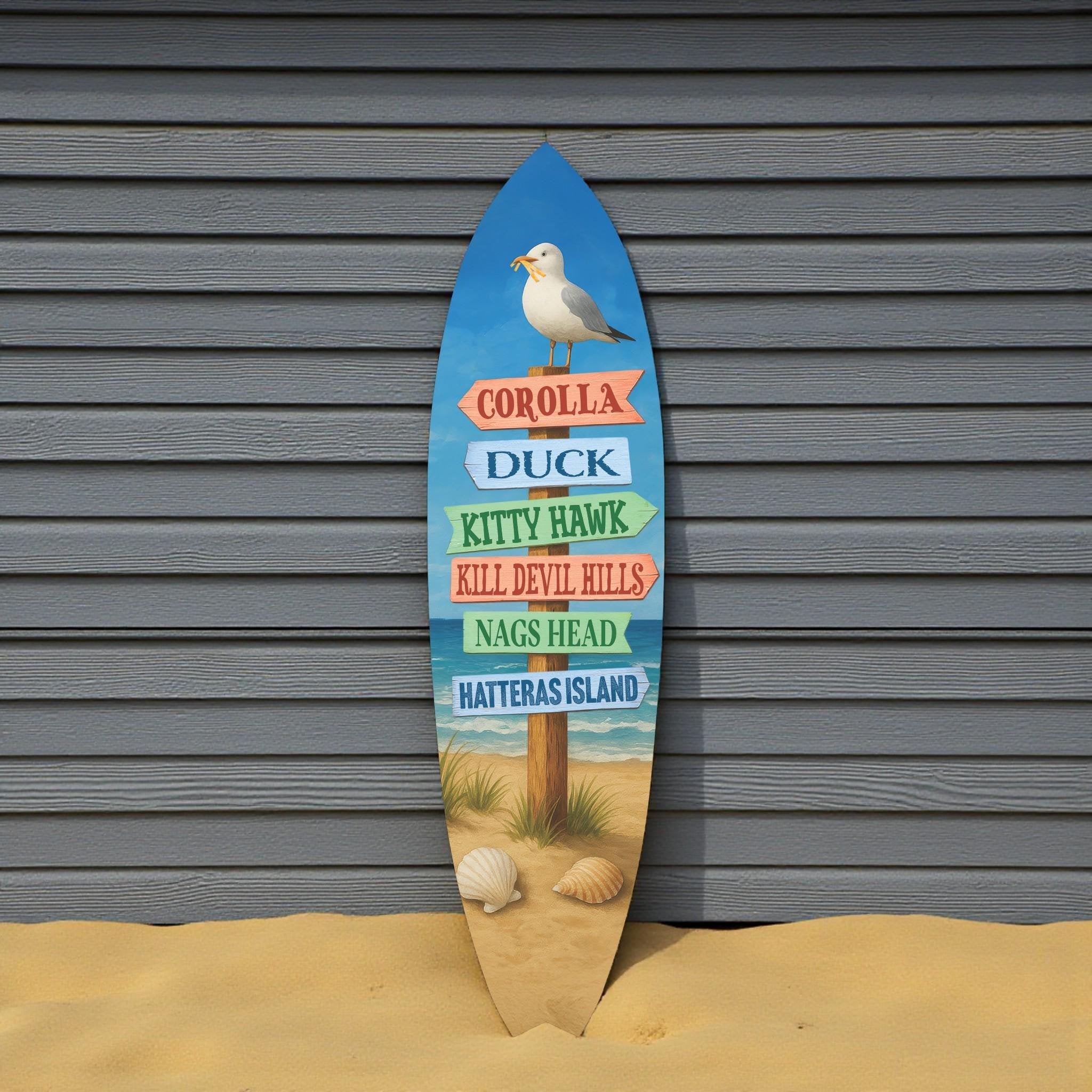 Outer Banks Surfboard Wall Art, Directional Beach Towns Sign, Weather-Resistant PVC Coastal Decor