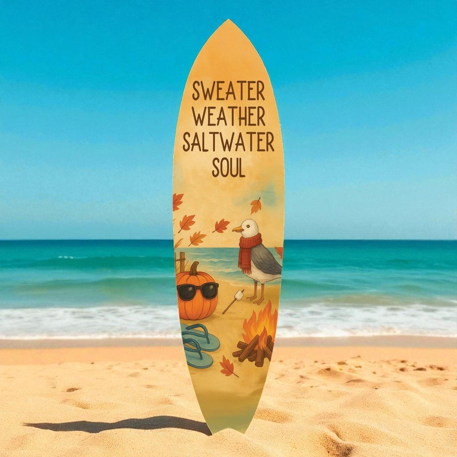 Fall Beach Decor Surfboard Sign, Sweater Weather Saltwater Soul Coastal Wall Art