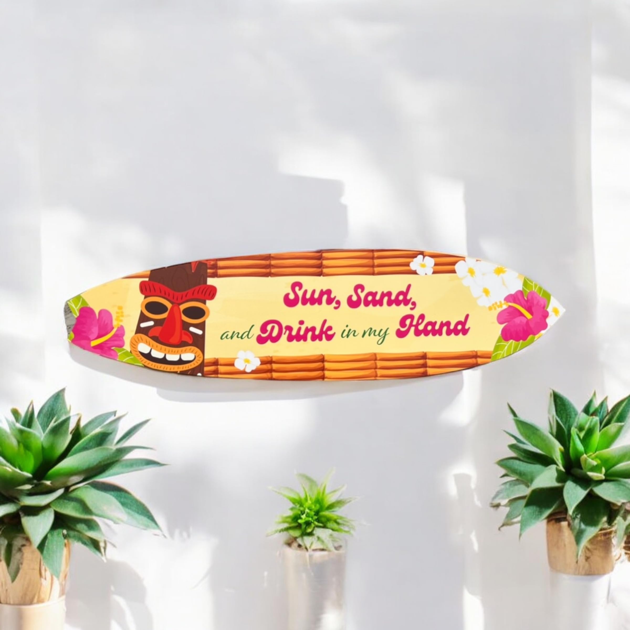 JennyGems Outdoor Tropical Surfboard and Tiki Bar Sign, Sun Sand Drink in Hand, Weather Resistant