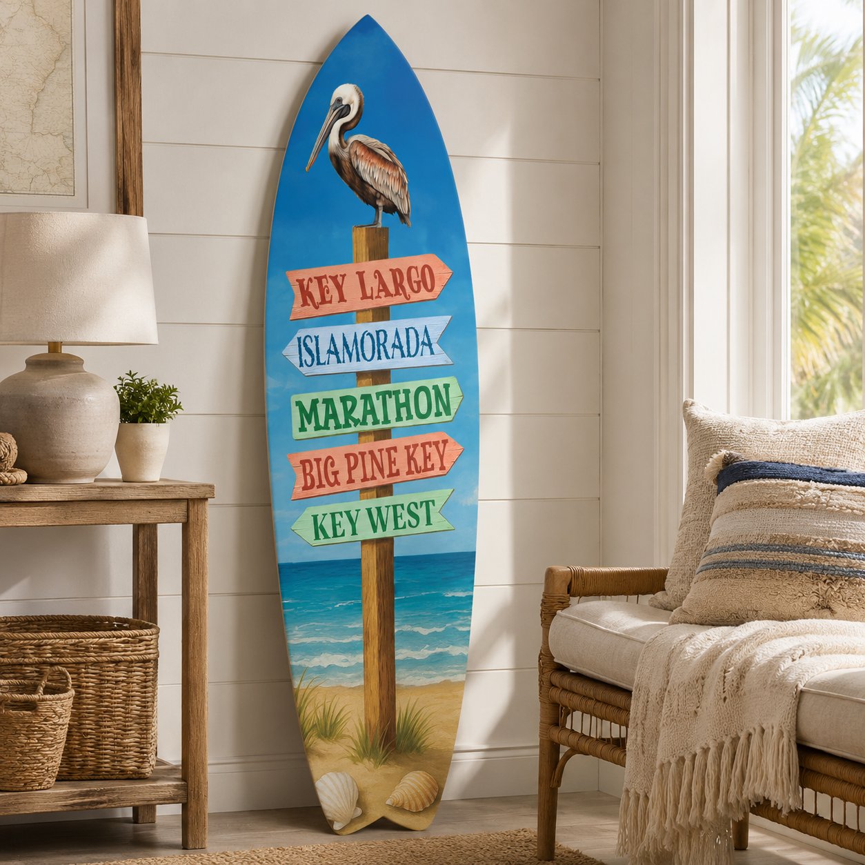 Florida Keys Surfboard Sign – Key Largo, Islamorada, Marathon, Big Pine Key & Key West | Coastal Beach House Decor