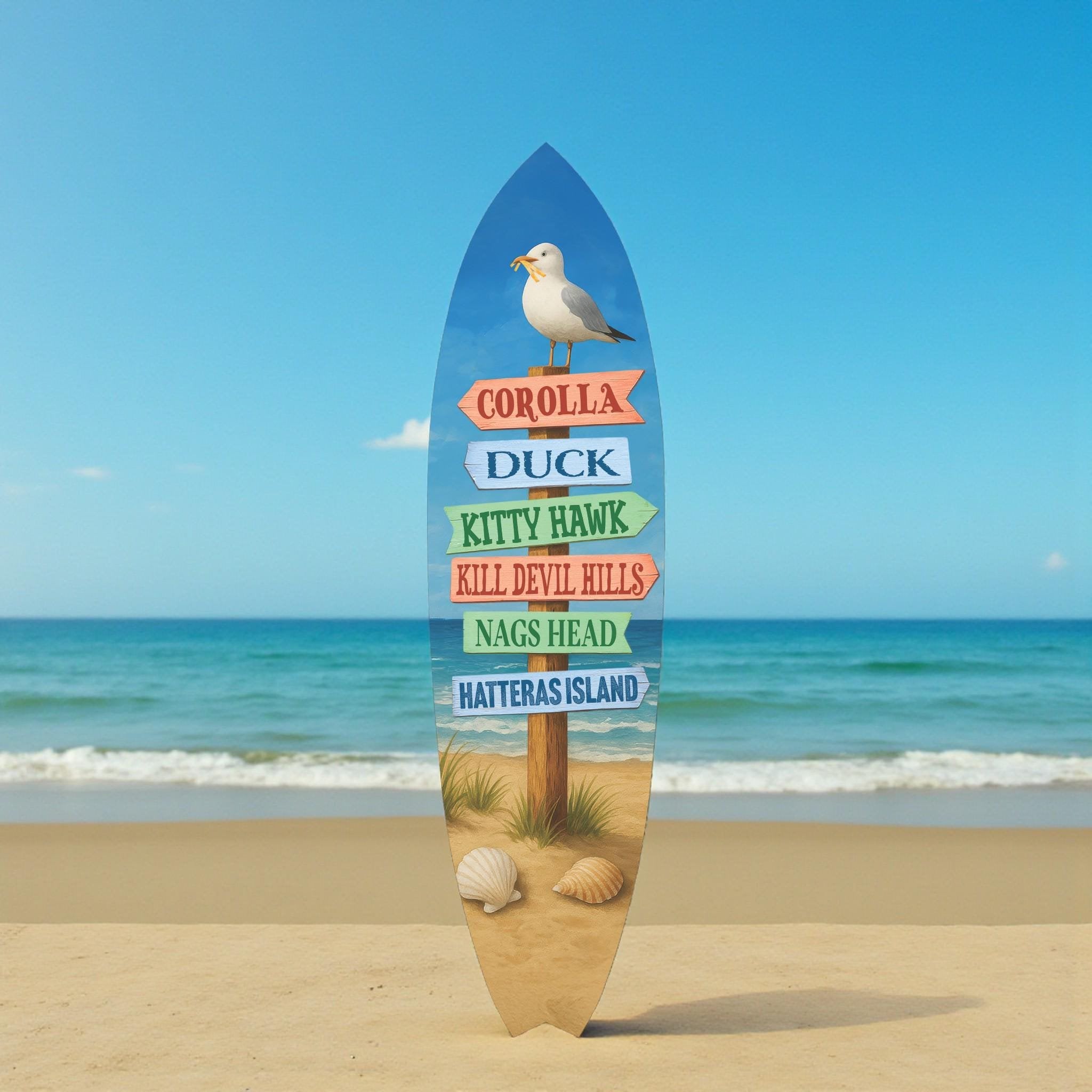 Outer Banks Surfboard Wall Art, Directional Beach Towns Sign, Weather-Resistant PVC Coastal Decor
