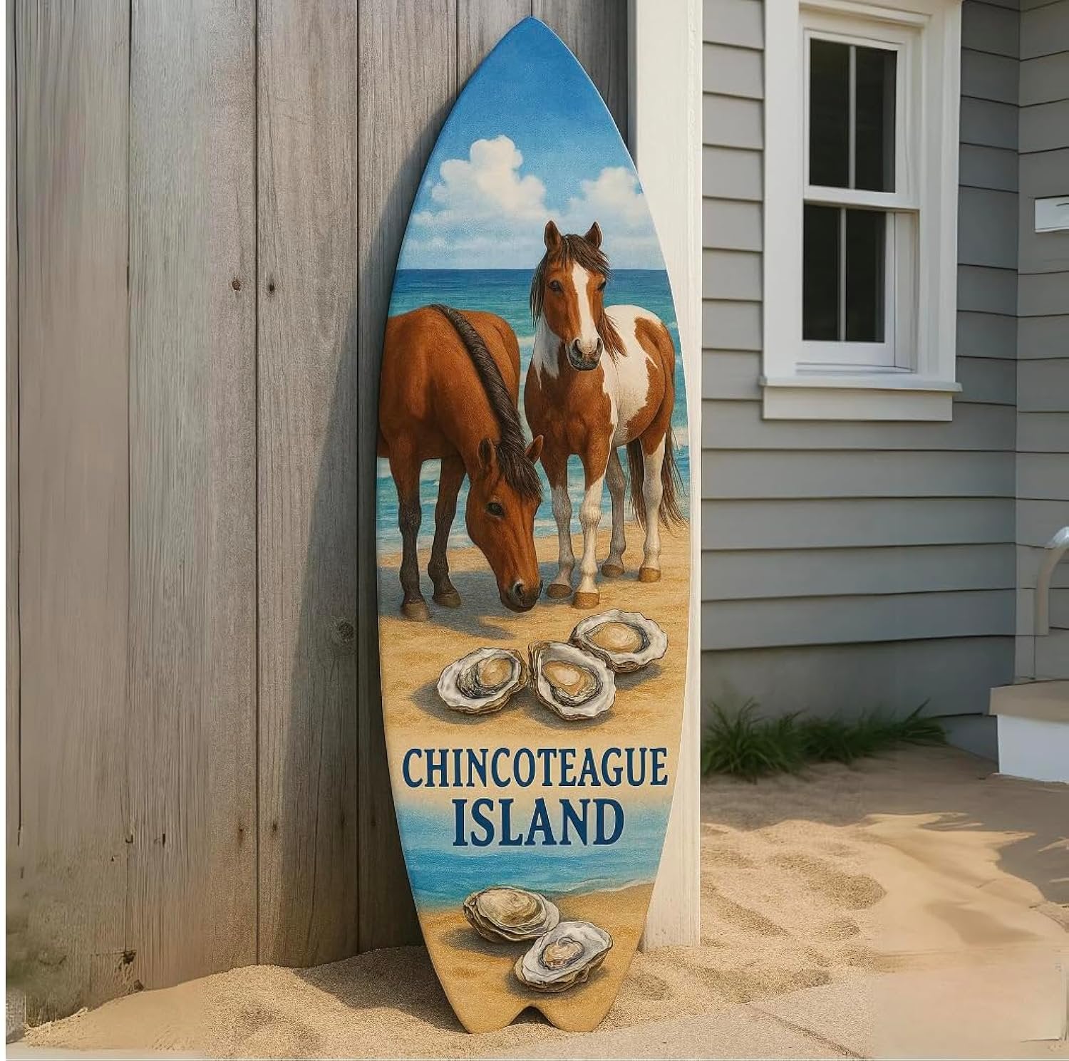 Outdoor Chincoteague Island Virginia Decorative Surfboard Sign, Wild Horses and Oysters Design, Indoor Outside PVC Wall Art (3 Foot)