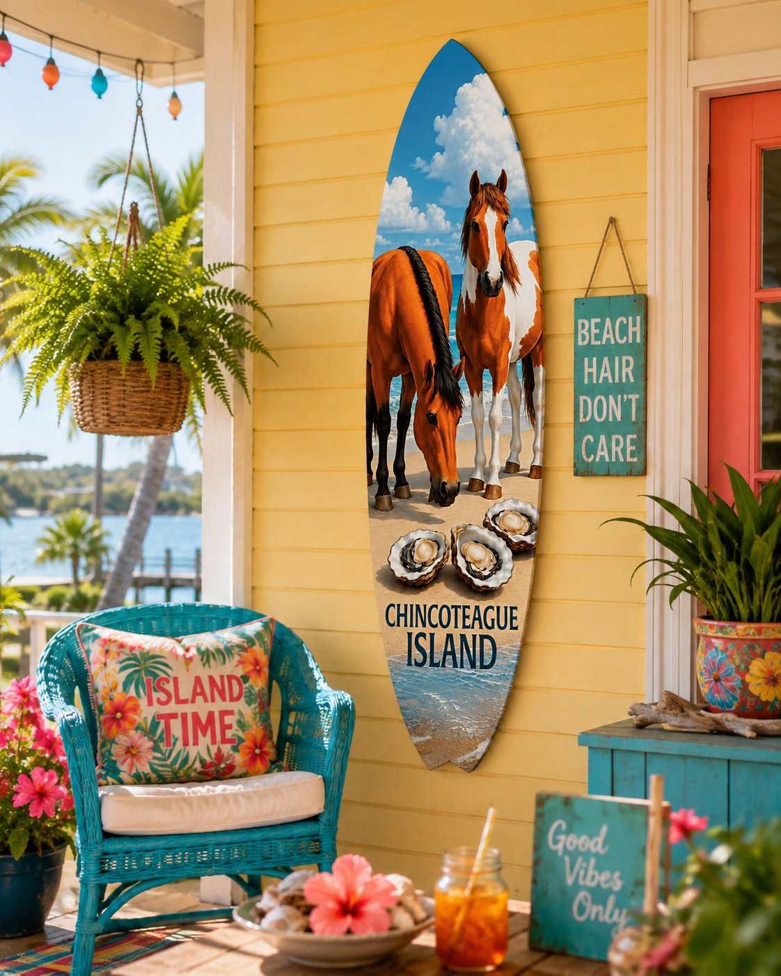 Chincoteague Island Surfboard Wall Art: Ponies & Oysters, Coastal Decor