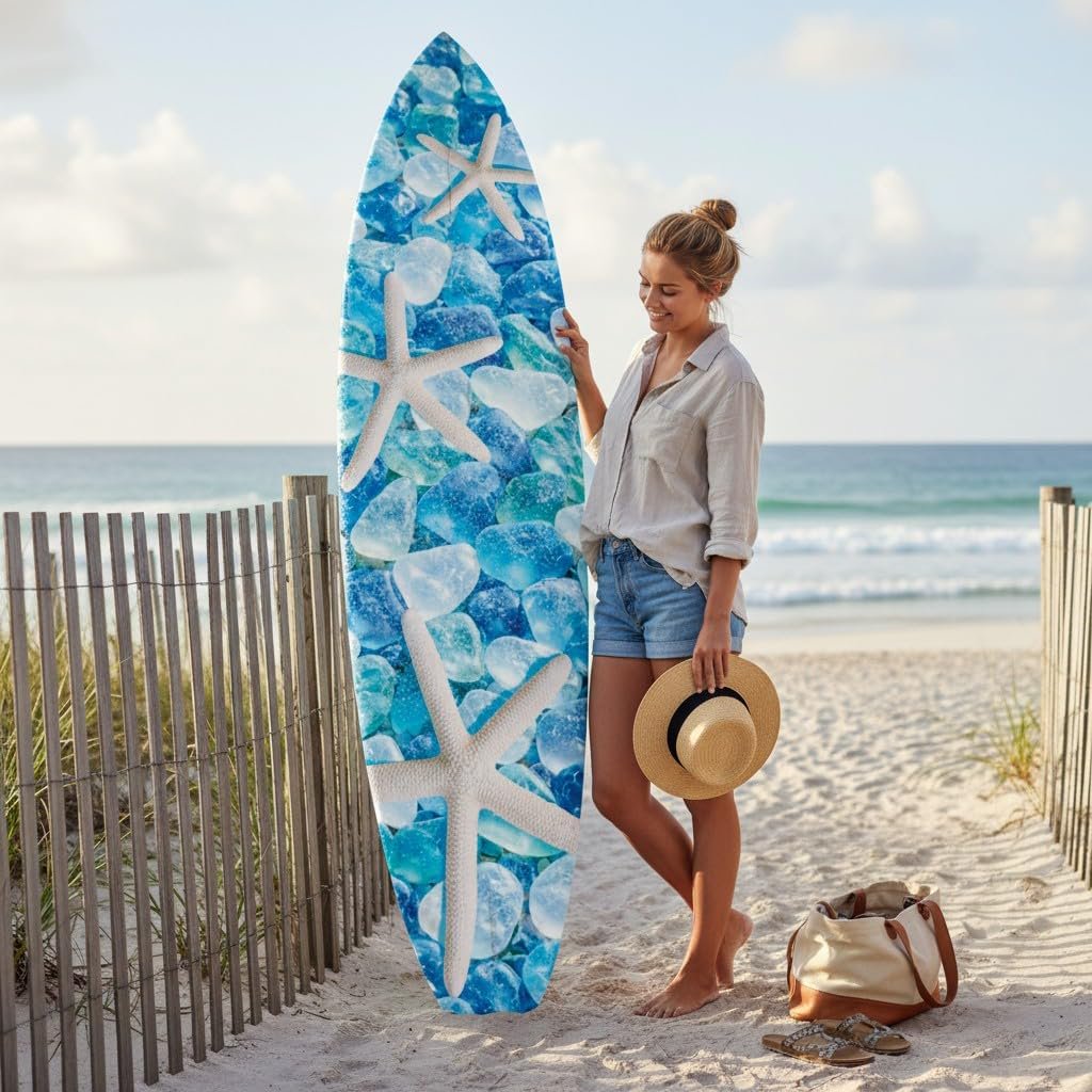 Starfish & Sea Glass Surfboard Wall Art | JennyGems | Blue Ocean Coastal Decor, Indoor Outdoor PVC