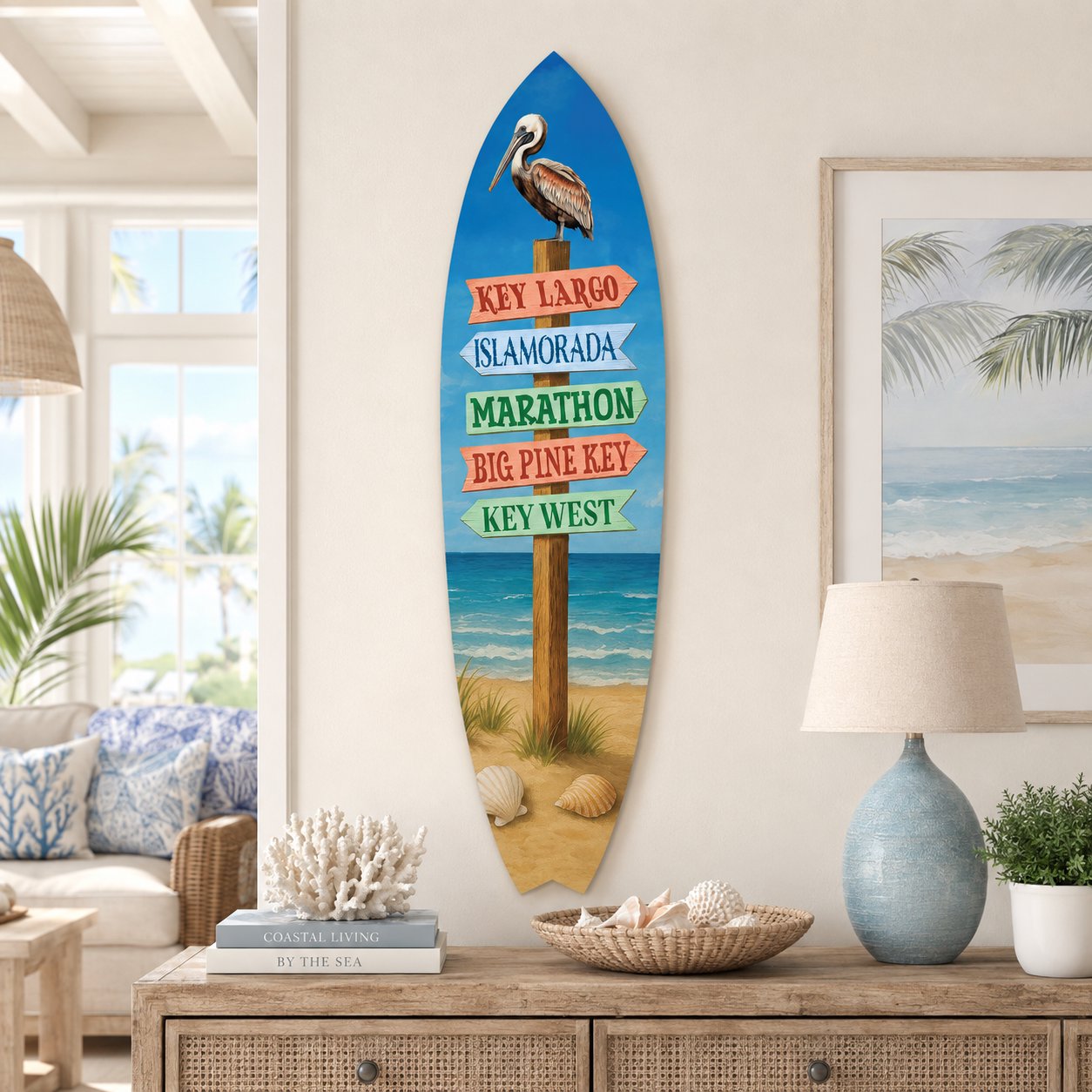 Florida Keys Surfboard Sign – Key Largo, Islamorada, Marathon, Big Pine Key & Key West | Coastal Beach House Decor