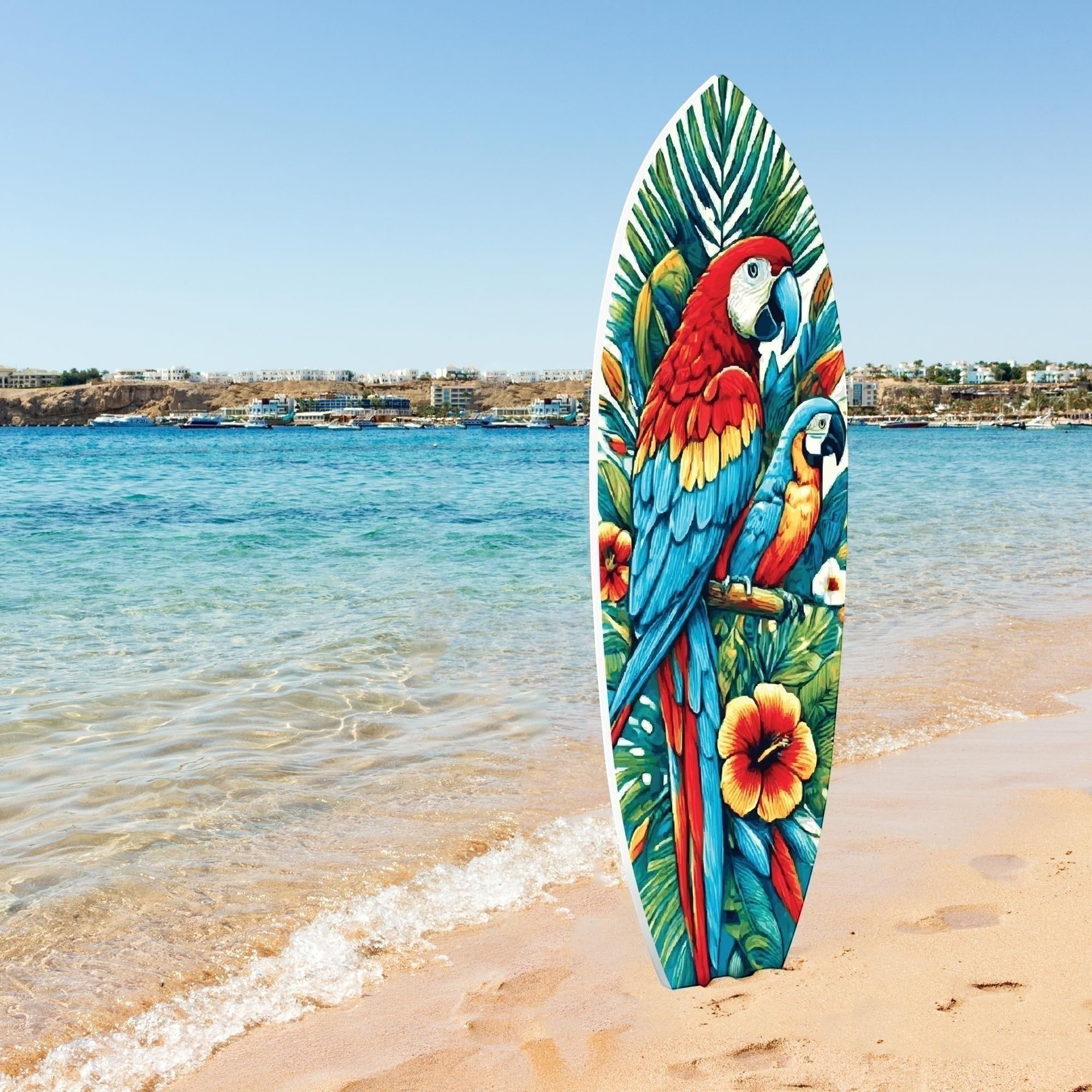 Tropical Parrot Surfboard Wall Art | JennyGems | Macaw & Hibiscus Coastal Decor, Indoor Outdoor PVC