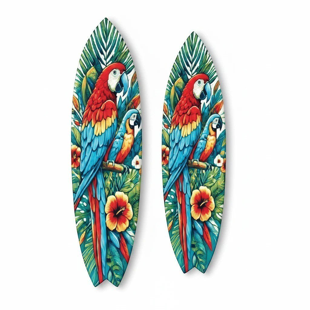 Tropical Parrot Surfboard Wall Art | JennyGems | Macaw & Hibiscus Coastal Decor, Indoor Outdoor PVC
