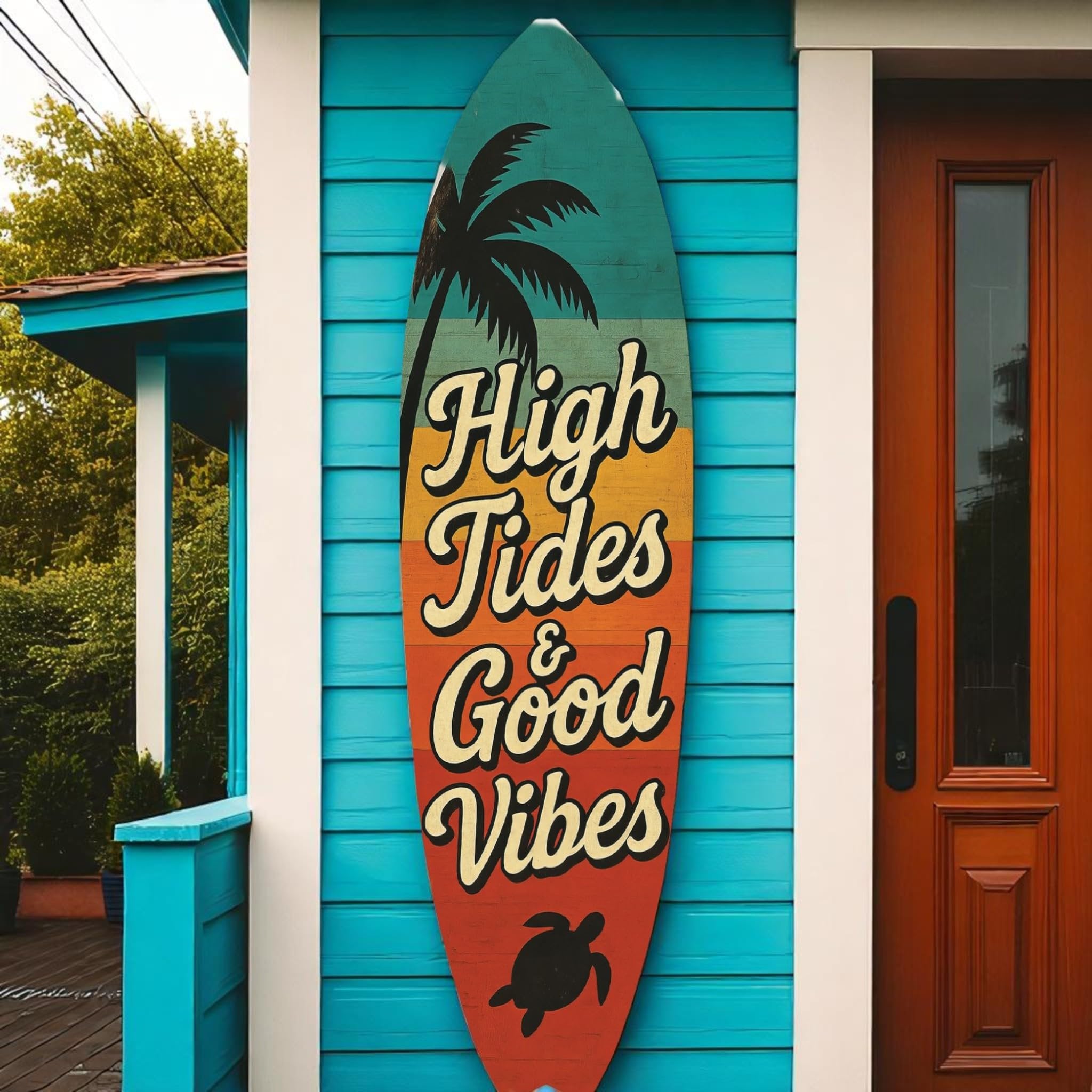 High Tides Good Vibes Surfboard Sign – Coastal Wall Decor with Sea Turtles, Palm Tree, Retro Beach House Art, Indoor Outdoor PVC