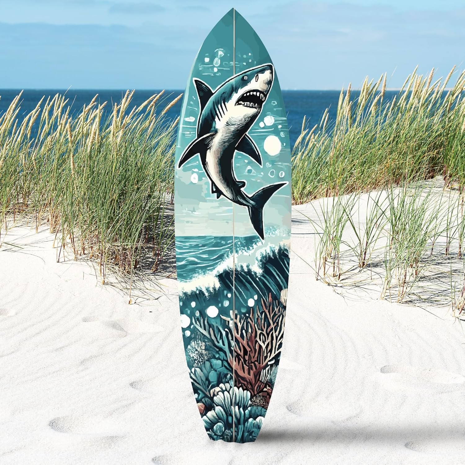 JennyGems Shark Surfboard Wall Art, Ocean Themed Shark Decor, Weather Resistant Indoor Outdoor, 36 x 10 inches