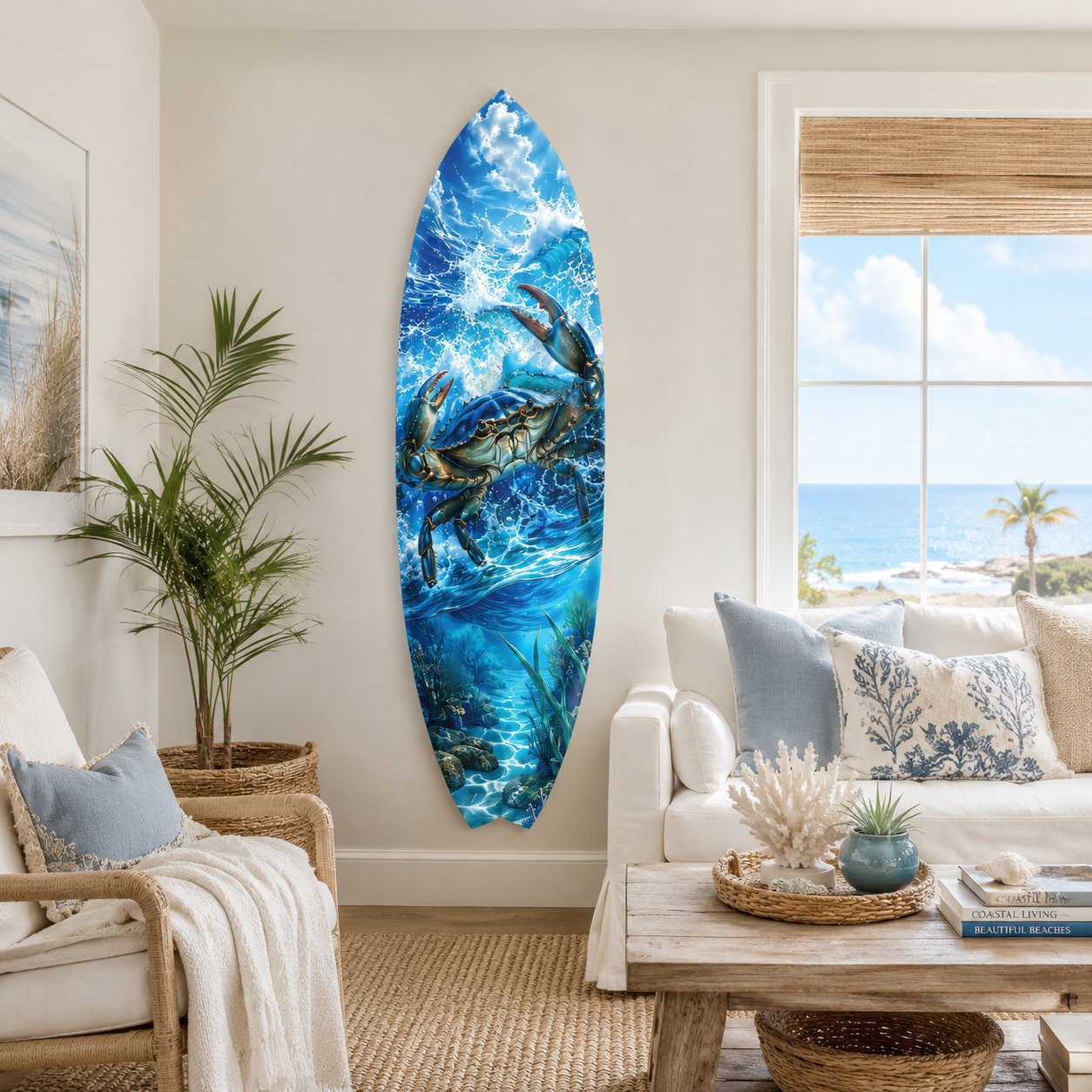 Watercolor Crab Surfboard Wall Art, Coastal Decor for Indoor and Outdoor Display