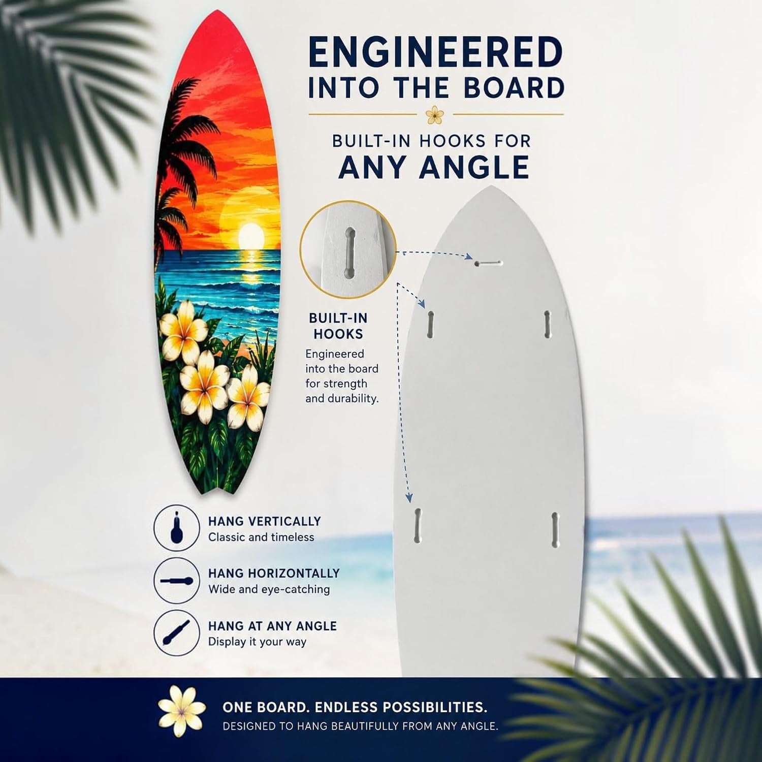 Tropical Surfboard with Palm Trees and Plumeria Flowers