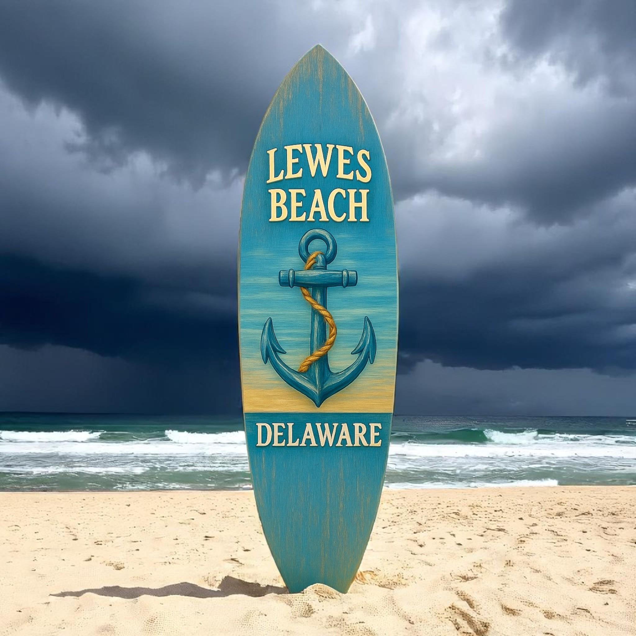 Lewes Beach Delaware Surfboard Sign: Coastal PVC Nautical Decor