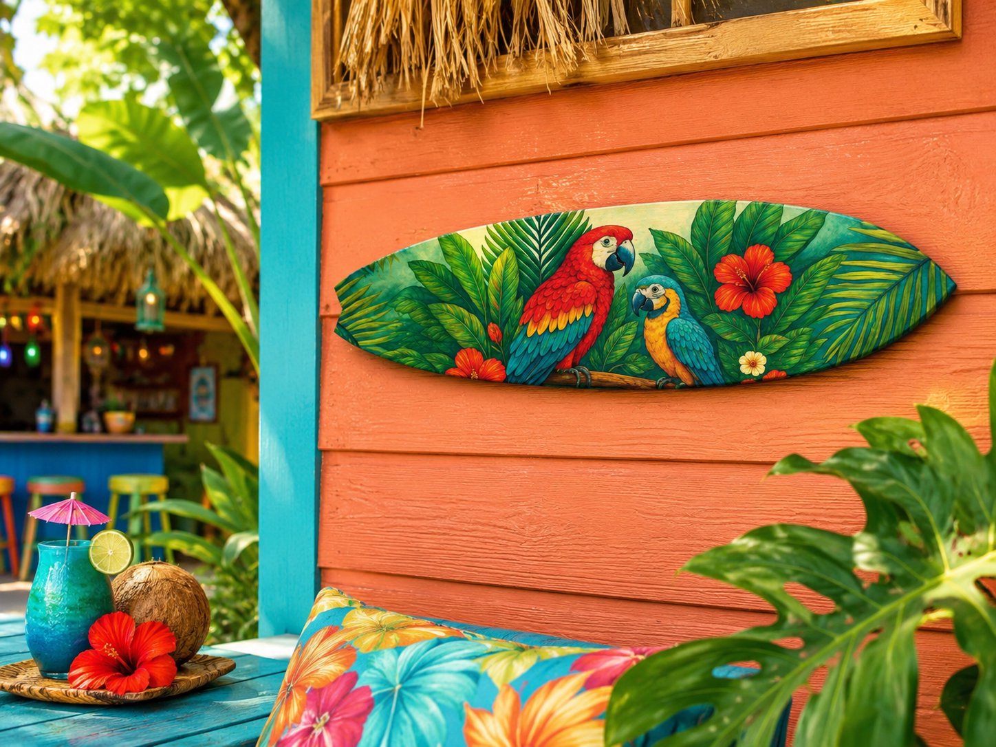 Tropical Parrot Surfboard Wall Art | JennyGems | Indoor & Outdoor Décor
