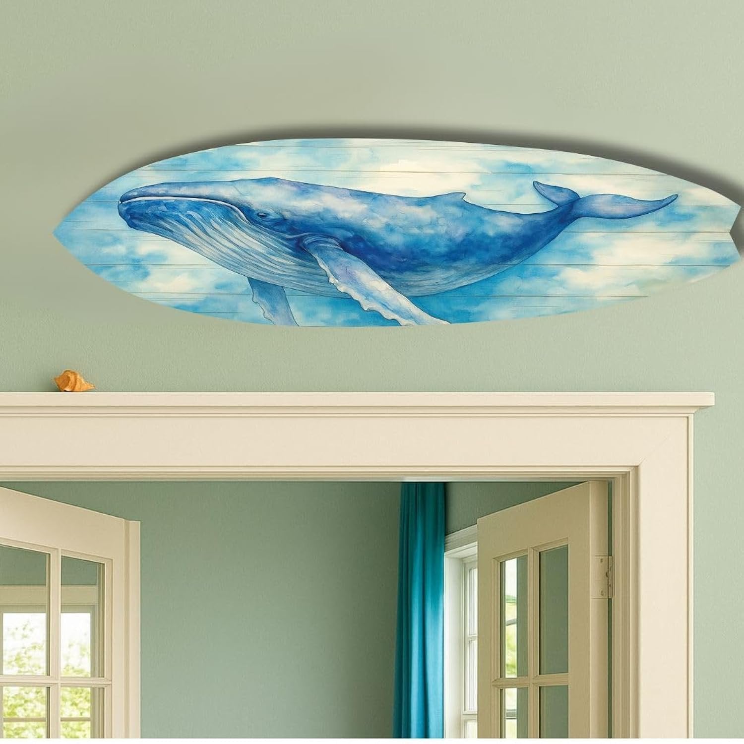 JennyGems Humpback Whale Surfboard Wall Art – Coastal Nautical Decor, Beach House Sign, Watercolor Whale Art, Indoor Outdoor PVC Surfboard Decoration