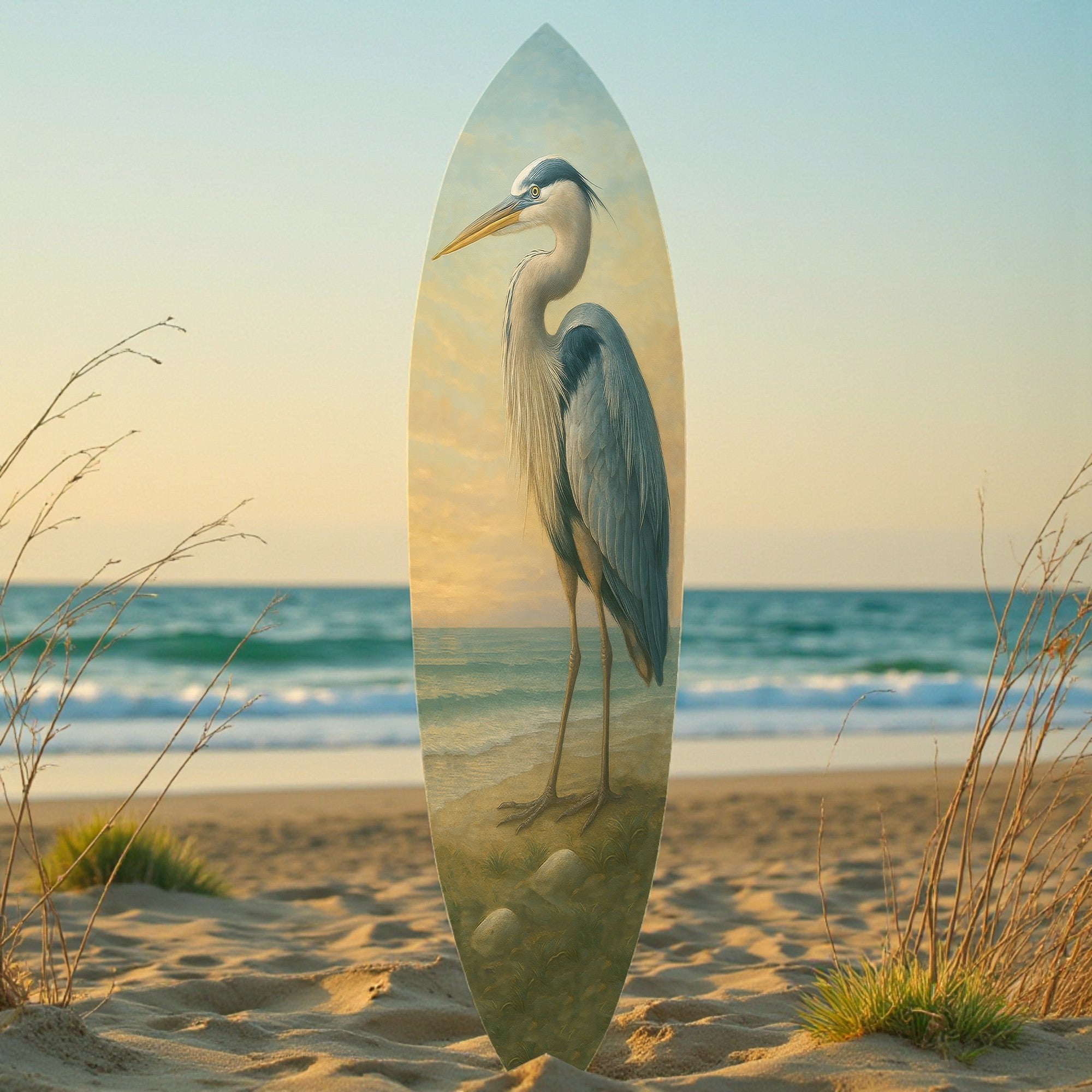 Egret Surfboard Wall Art, Coastal Bird Decor, PVC Beach House Sign, 1-5 FT