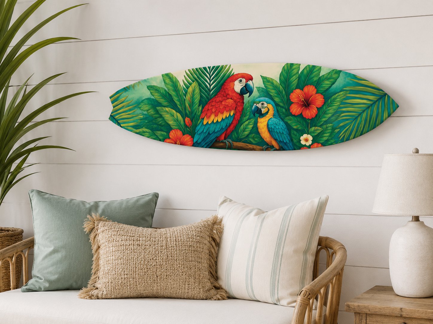 Tropical Parrot Surfboard Wall Art | JennyGems | Indoor & Outdoor Décor