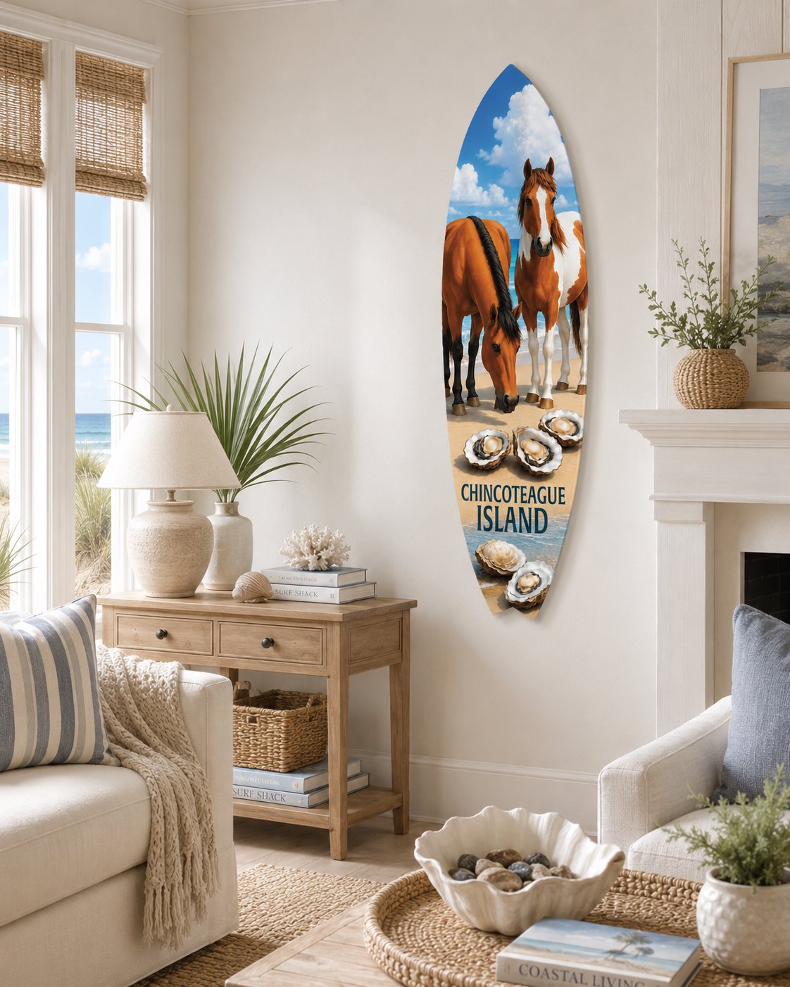 Chincoteague Island Surfboard Wall Art: Ponies & Oysters, Coastal Decor
