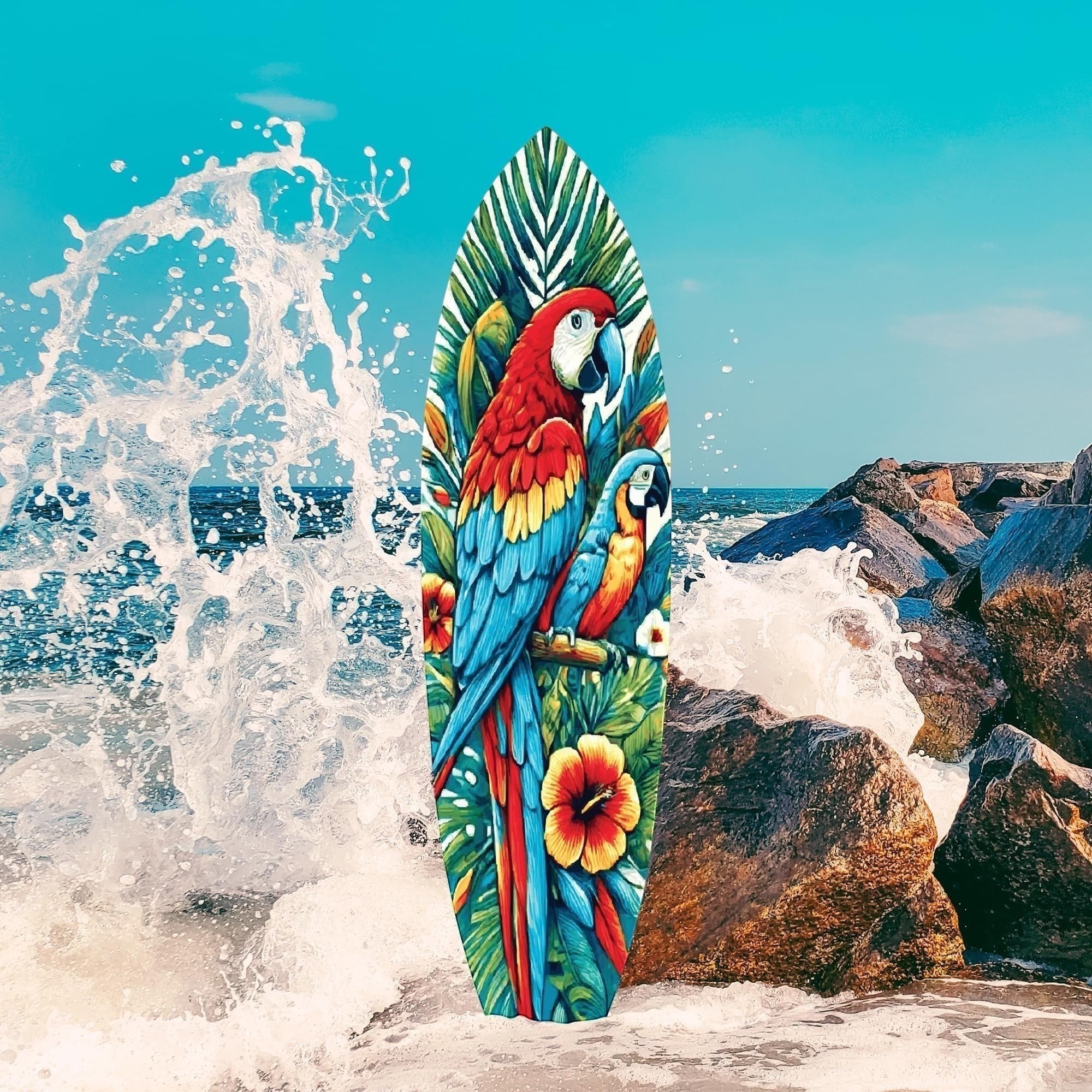Tropical Parrot Surfboard Wall Art | JennyGems | Macaw & Hibiscus Coastal Decor, Indoor Outdoor PVC