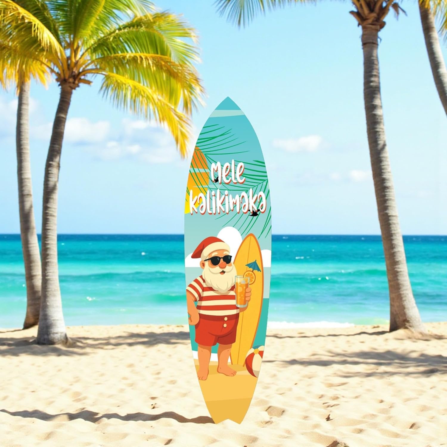 Mele Kalikimaka Christmas Surfboard Wall Art - Weather-Resistant PVC, Tropical Holiday Decor (4 Foot)