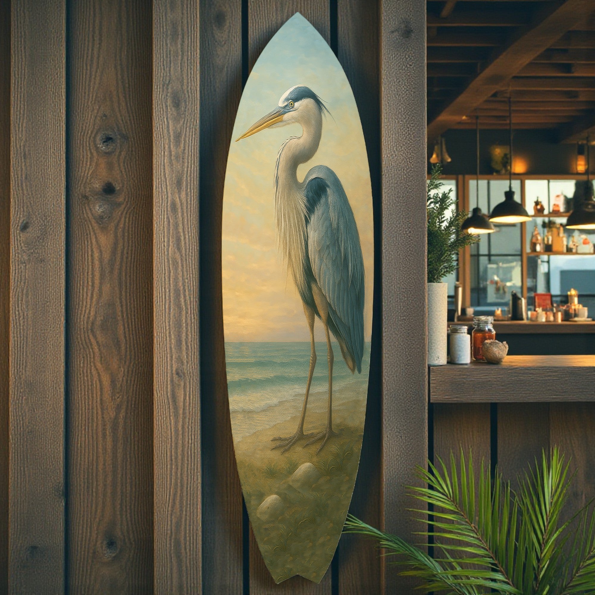 Egret Surfboard Wall Art, Coastal Bird Decor, PVC Beach House Sign, 1-5 FT